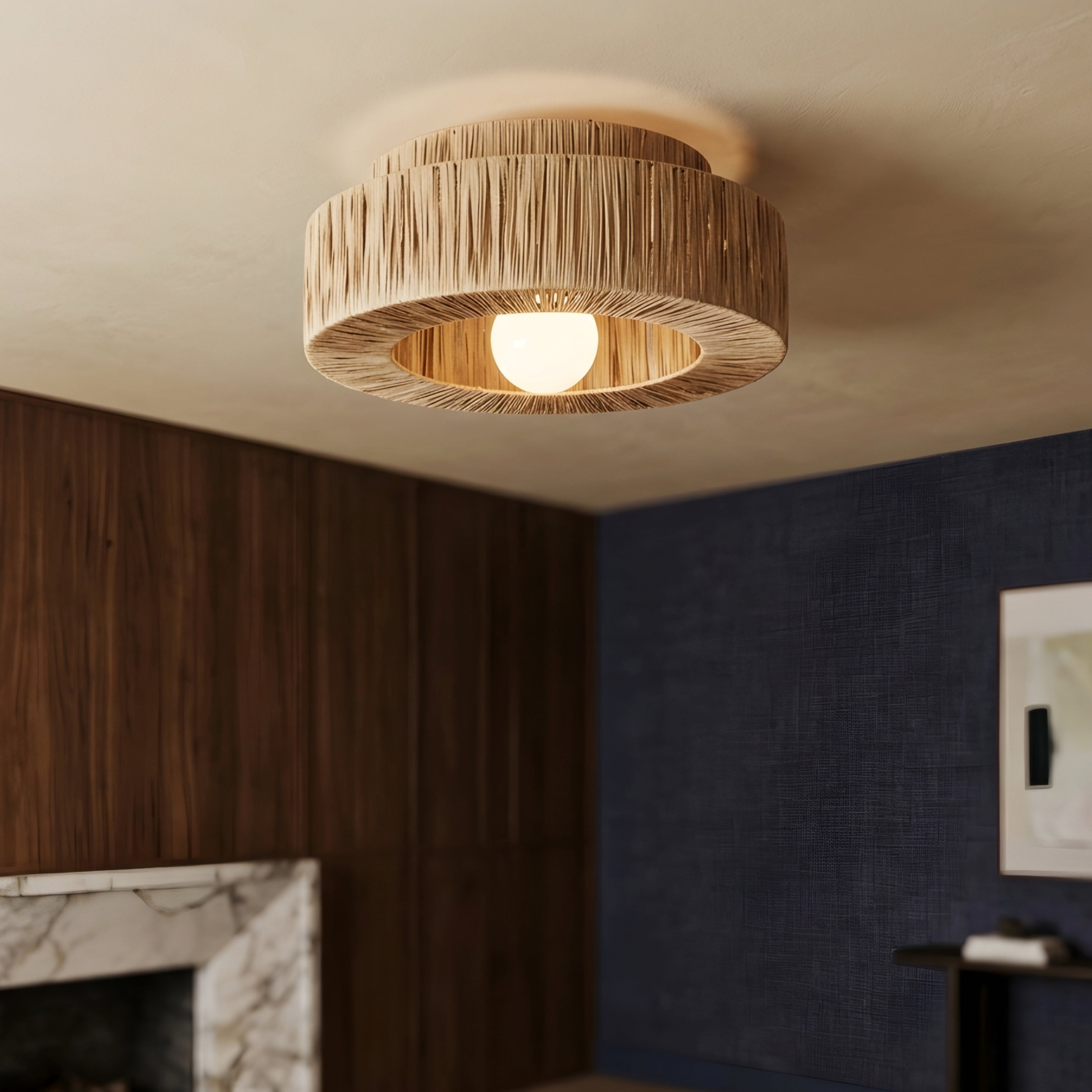 Slatko Flush Mount Ceiling Light – Natural Rattan Drum Shade Boho Living Room Bedroom Decorative Lighting