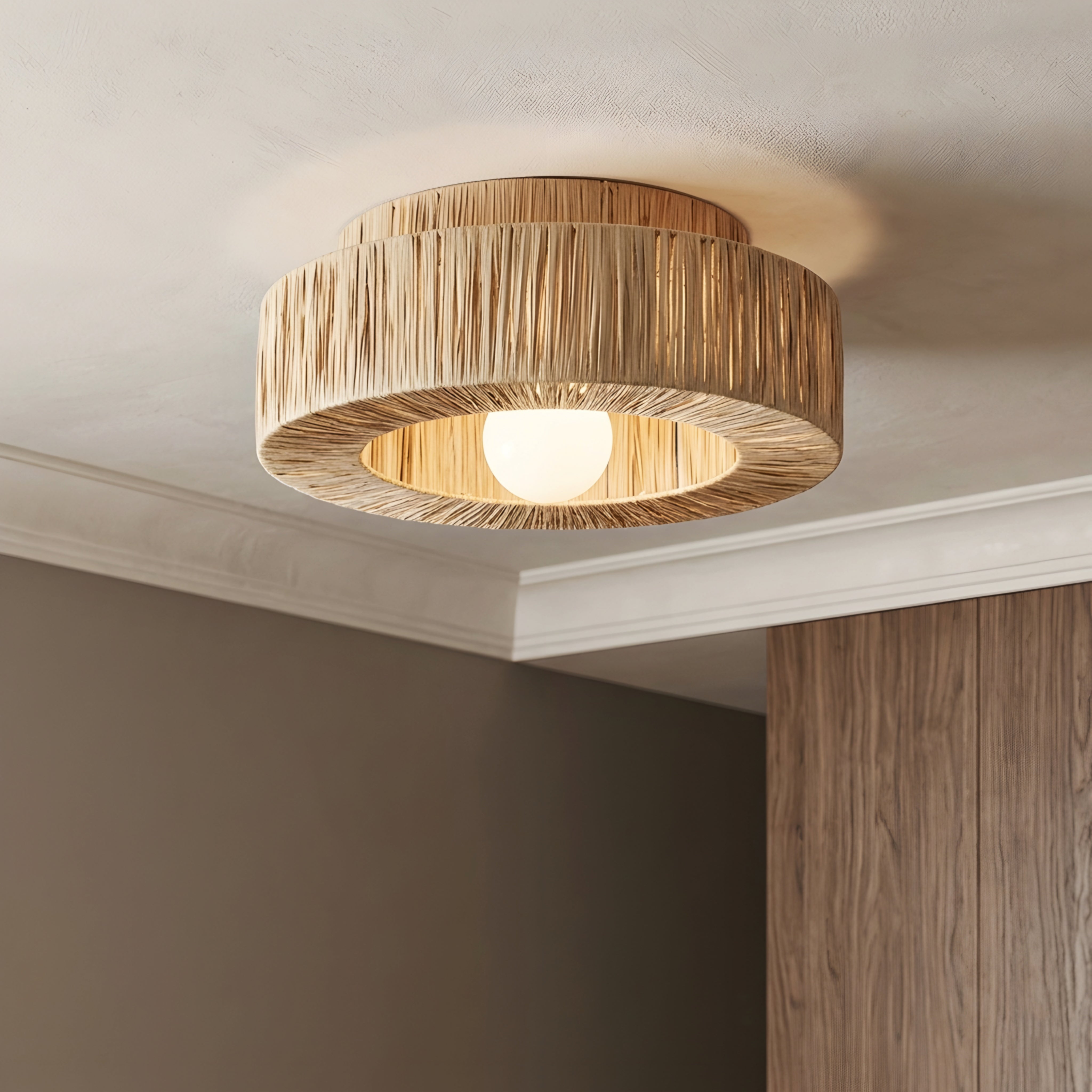 Slatko Flush Mount Ceiling Light – Natural Rattan Drum Shade Boho Living Room Bedroom Decorative Lighting