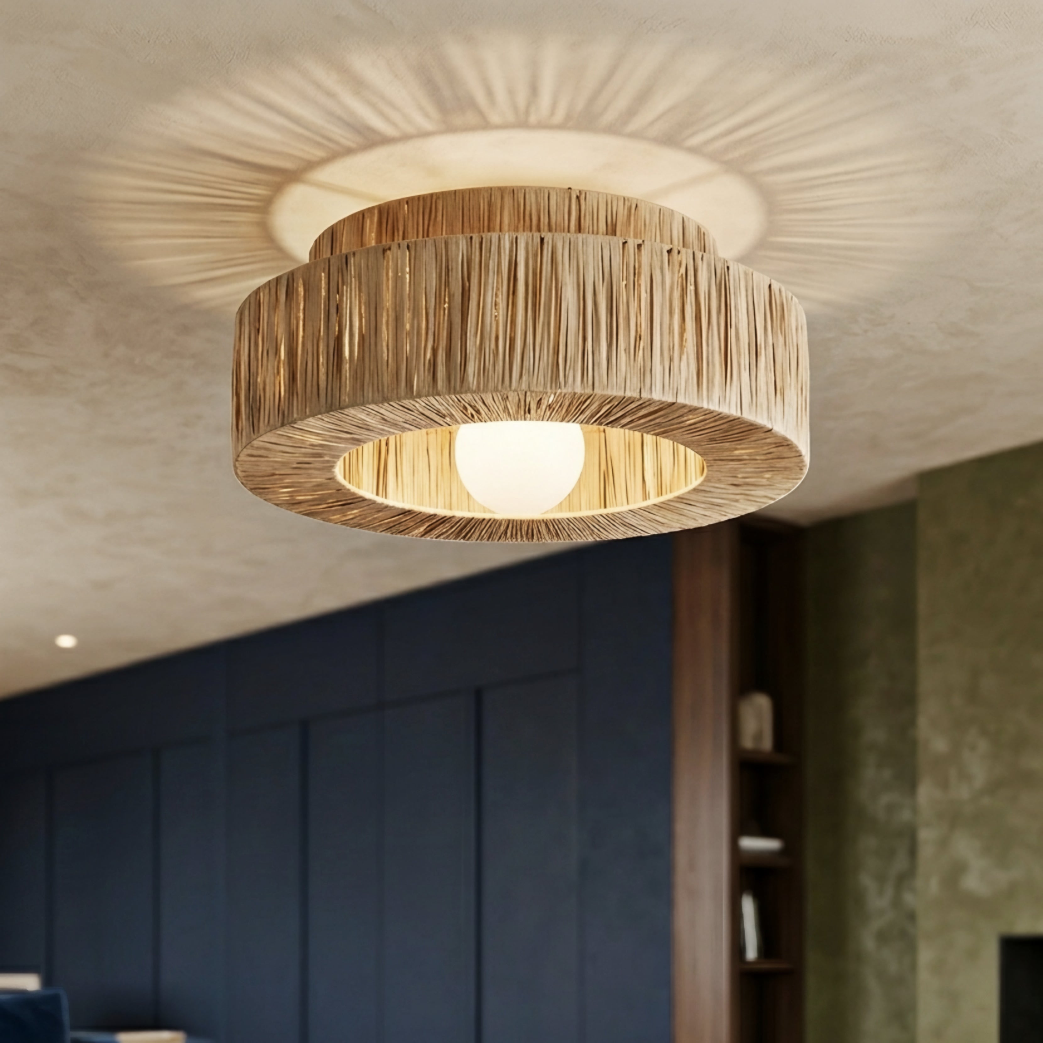 Slatko Flush Mount Ceiling Light – Natural Rattan Drum Shade Boho Living Room Bedroom Decorative Lighting