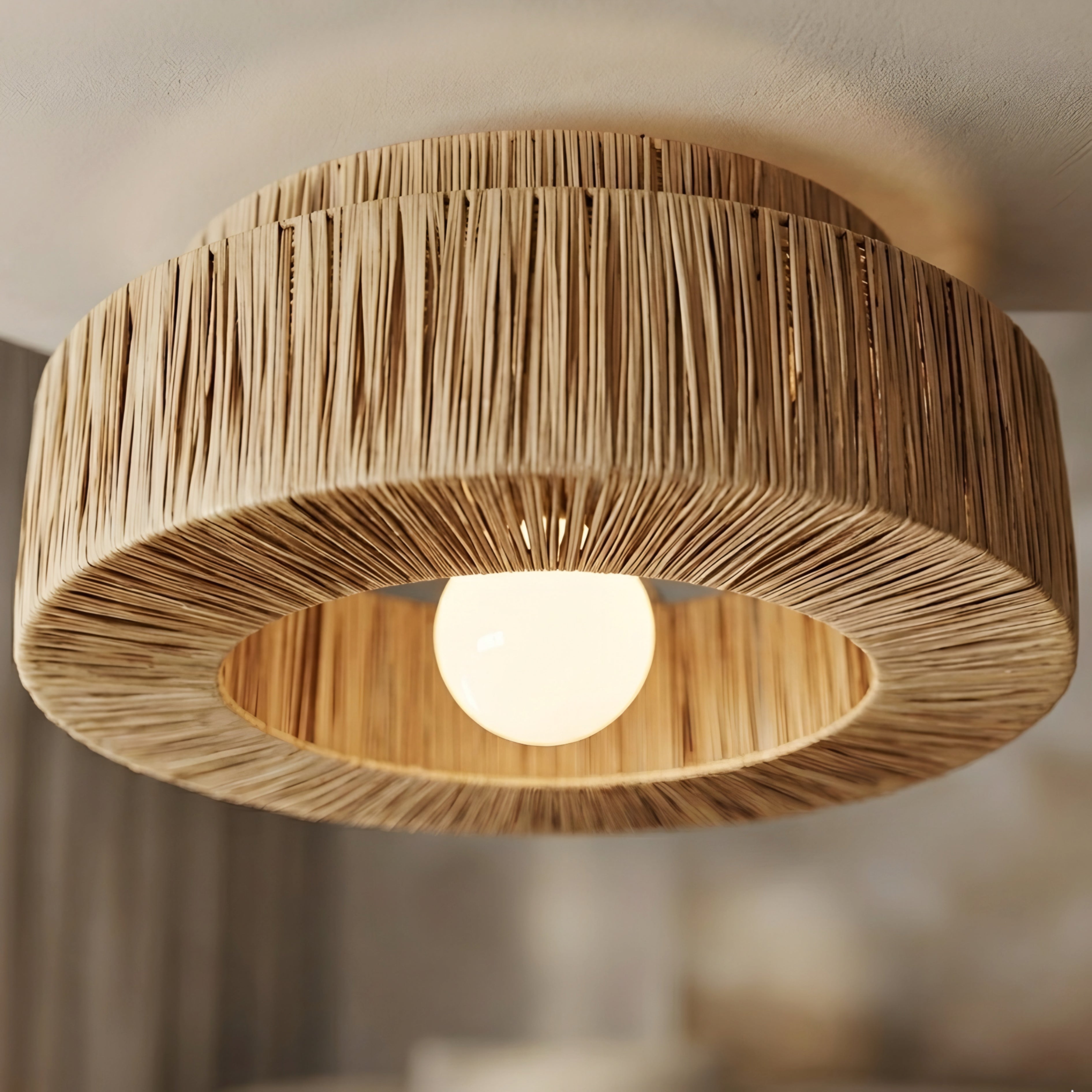 Slatko Flush Mount Ceiling Light – Natural Rattan Drum Shade Boho Living Room Bedroom Decorative Lighting