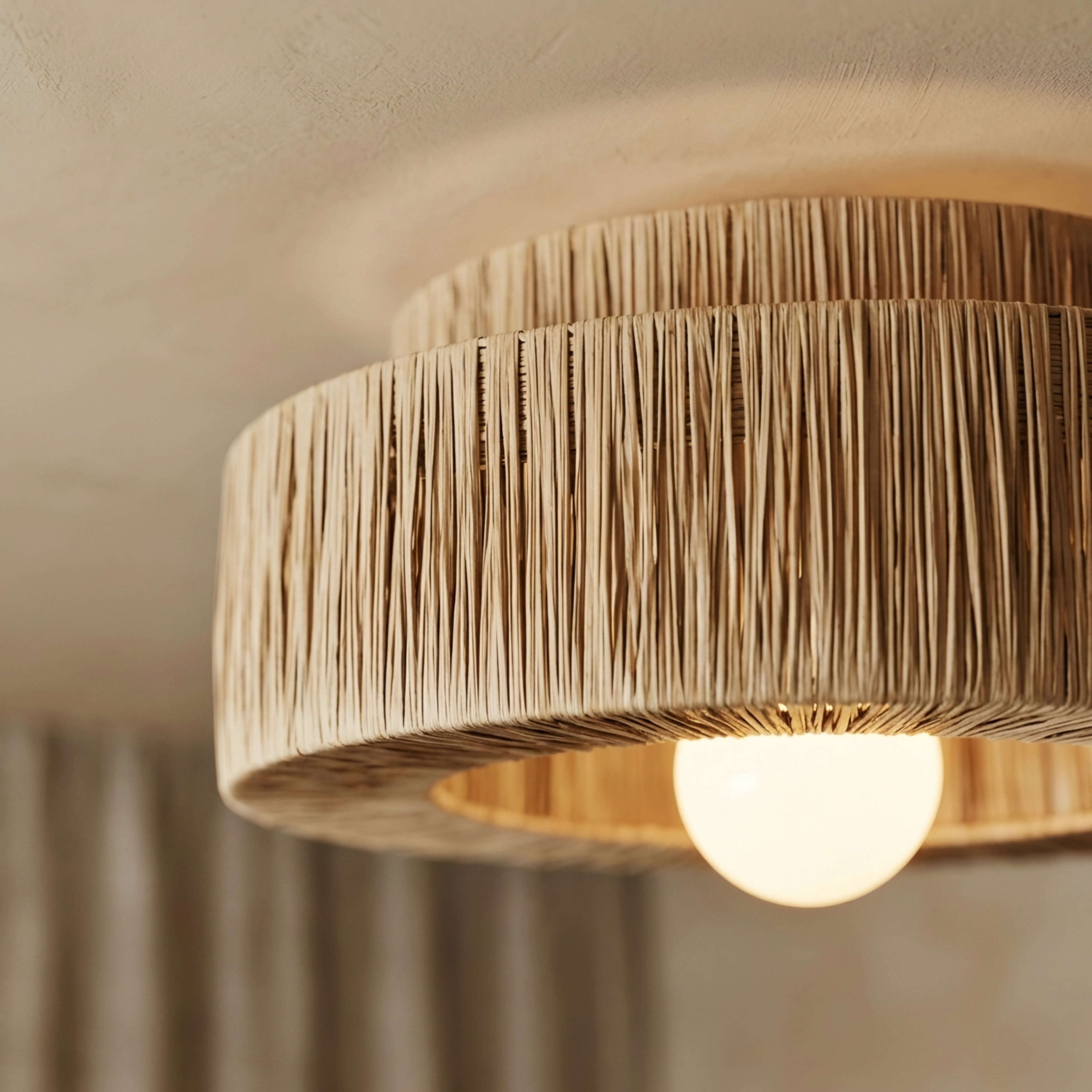 Slatko Flush Mount Ceiling Light – Natural Rattan Drum Shade Boho Living Room Bedroom Decorative Lighting