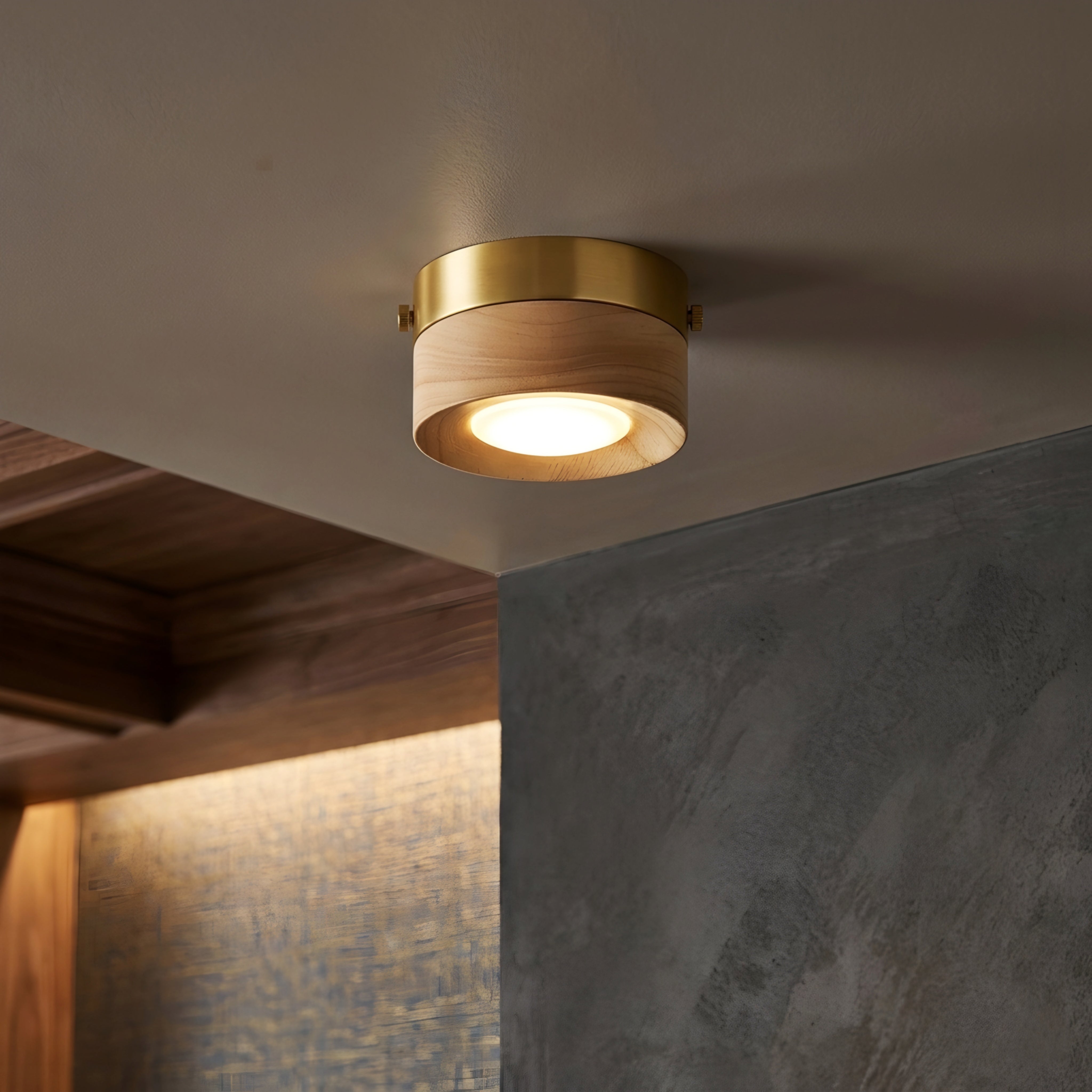 Briston Drum Flush Mount – Ceiling Light Walnut Wood Brass Modern Bedroom Living Room Hallway