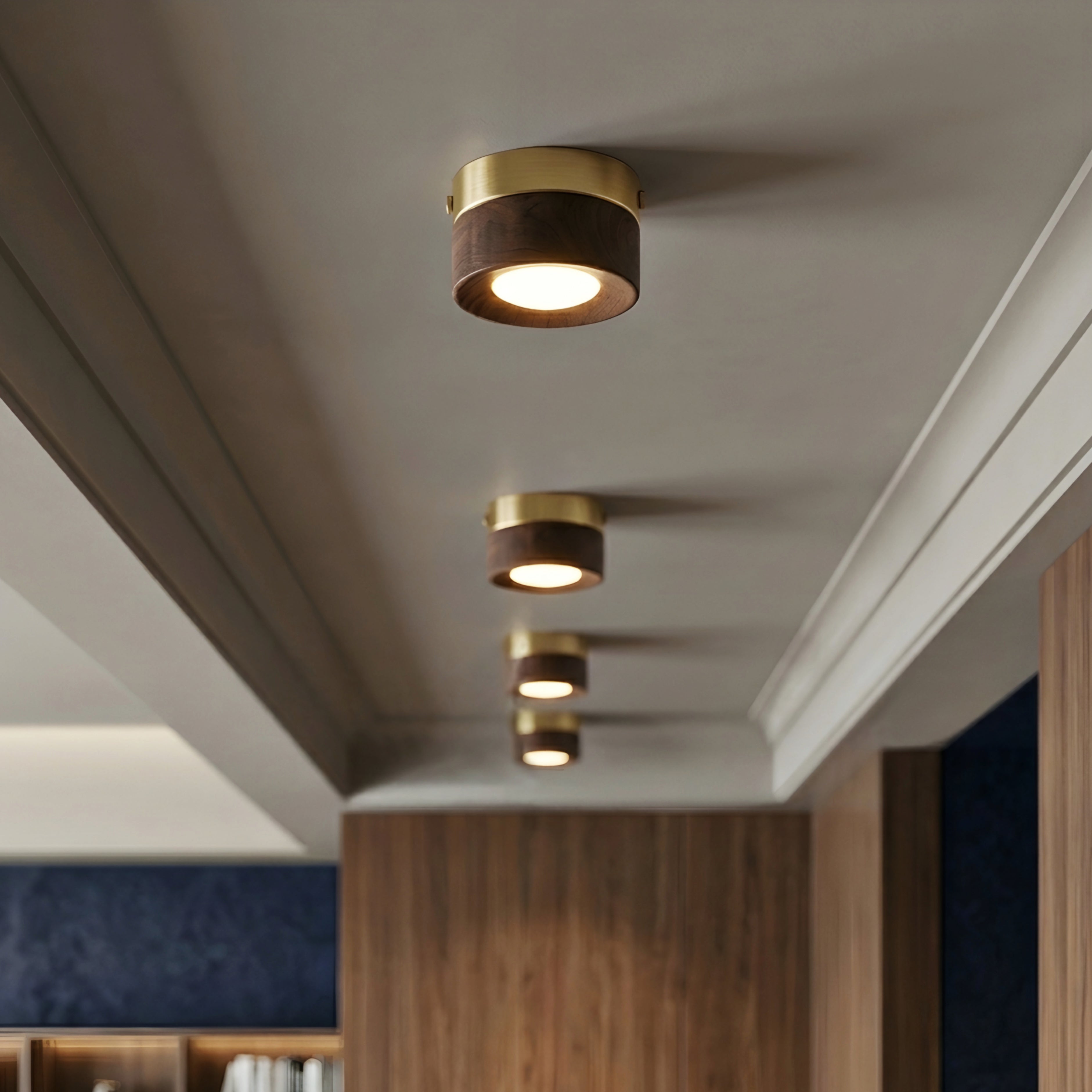 Briston Drum Flush Mount – Ceiling Light Walnut Wood Brass Modern Bedroom Living Room Hallway