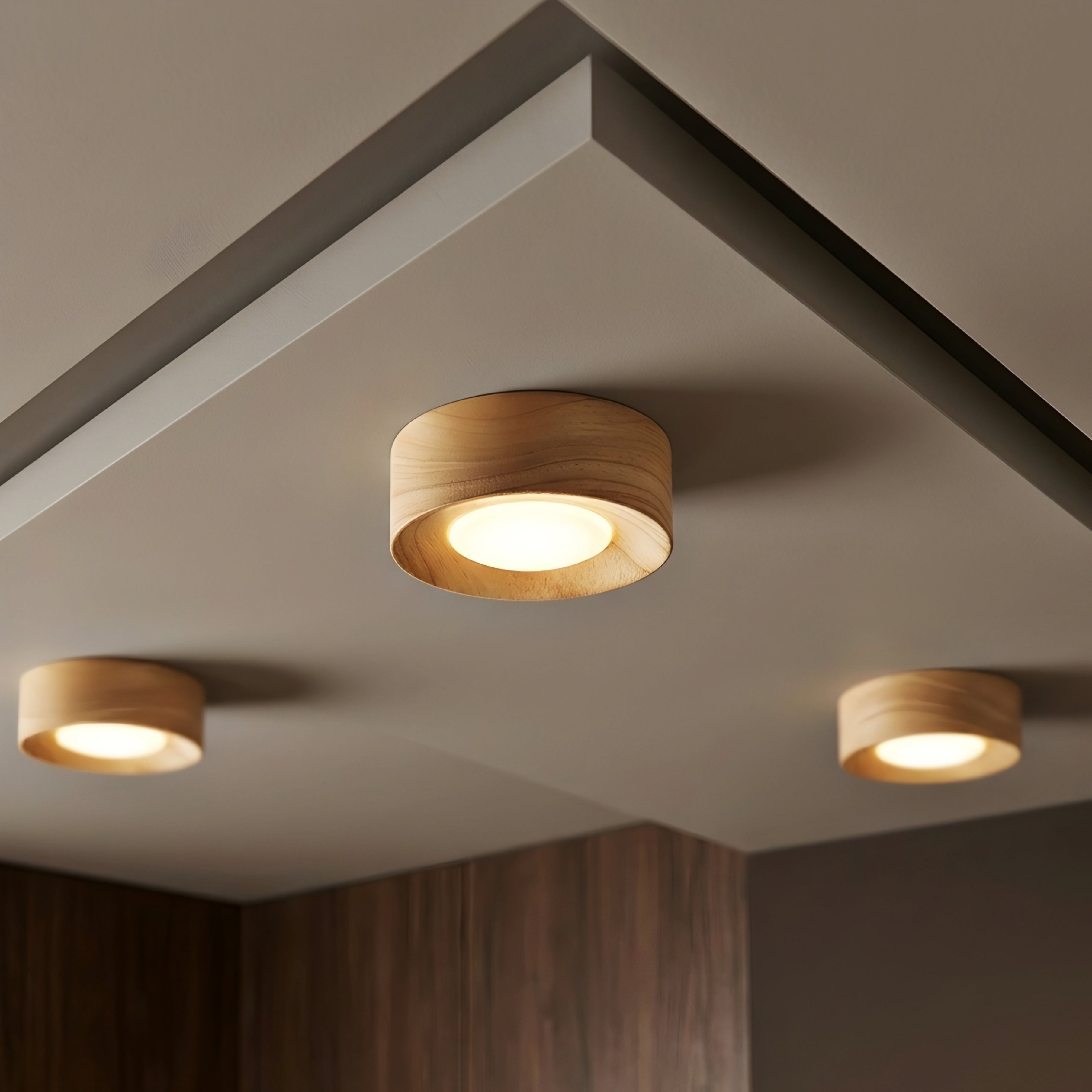 Briston Drum Flush Mount – Ceiling Light Walnut Wood Brass Modern Bedroom Living Room Hallway