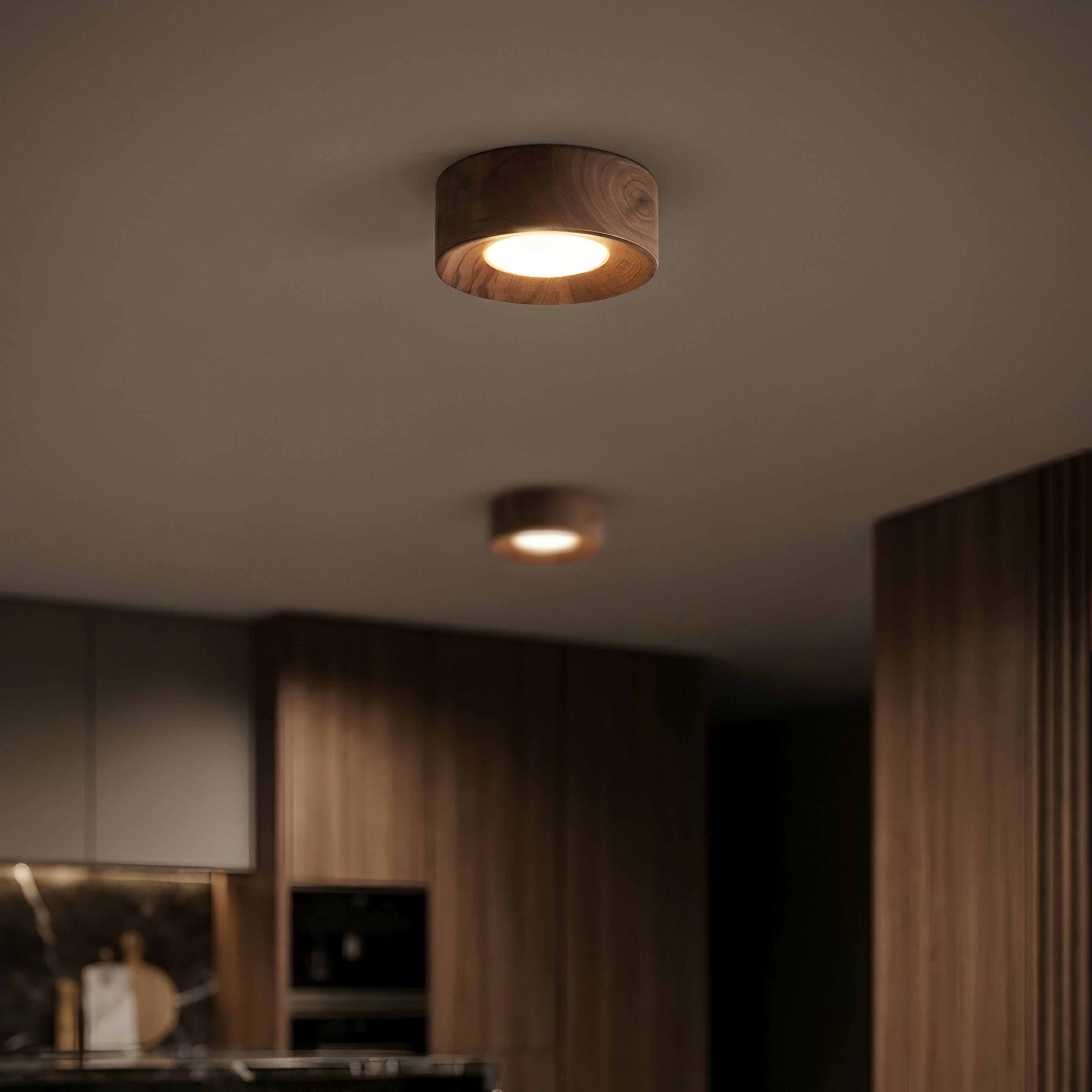 Briston Drum Flush Mount – Ceiling Light Walnut Wood Brass Modern Bedroom Living Room Hallway