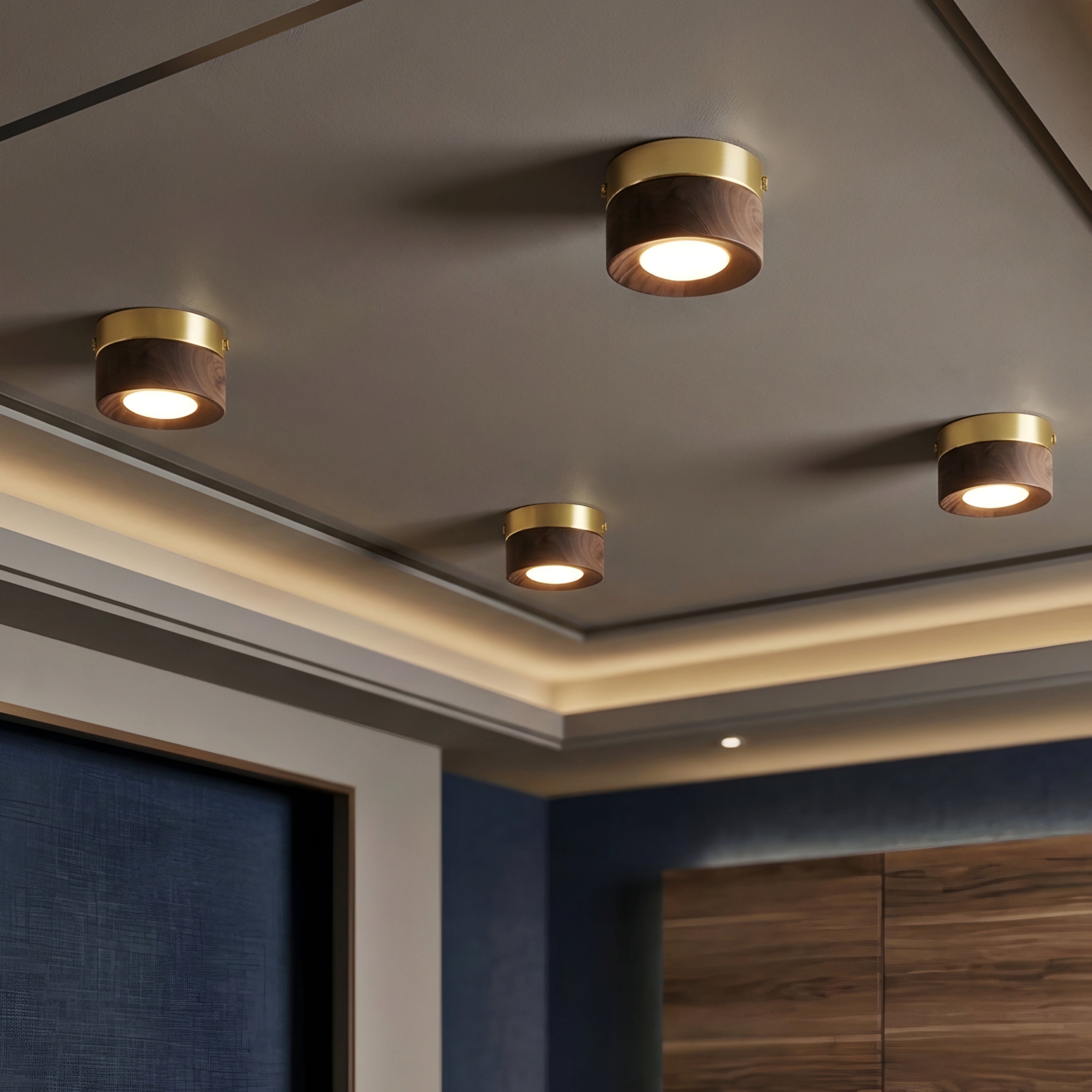 Briston Drum Flush Mount – Ceiling Light Walnut Wood Brass Modern Bedroom Living Room Hallway