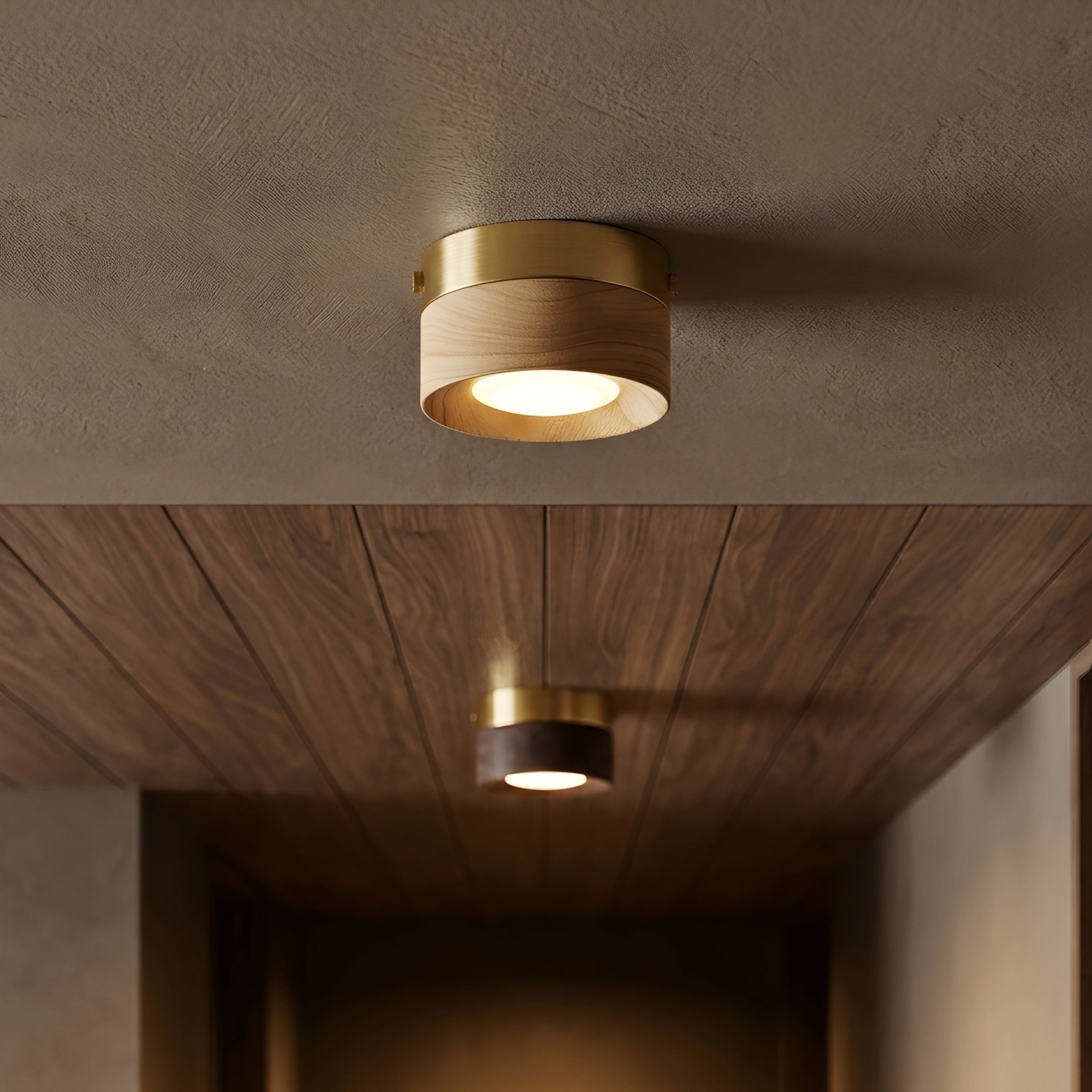 Briston Drum Flush Mount – Ceiling Light Walnut Wood Brass Modern Bedroom Living Room Hallway