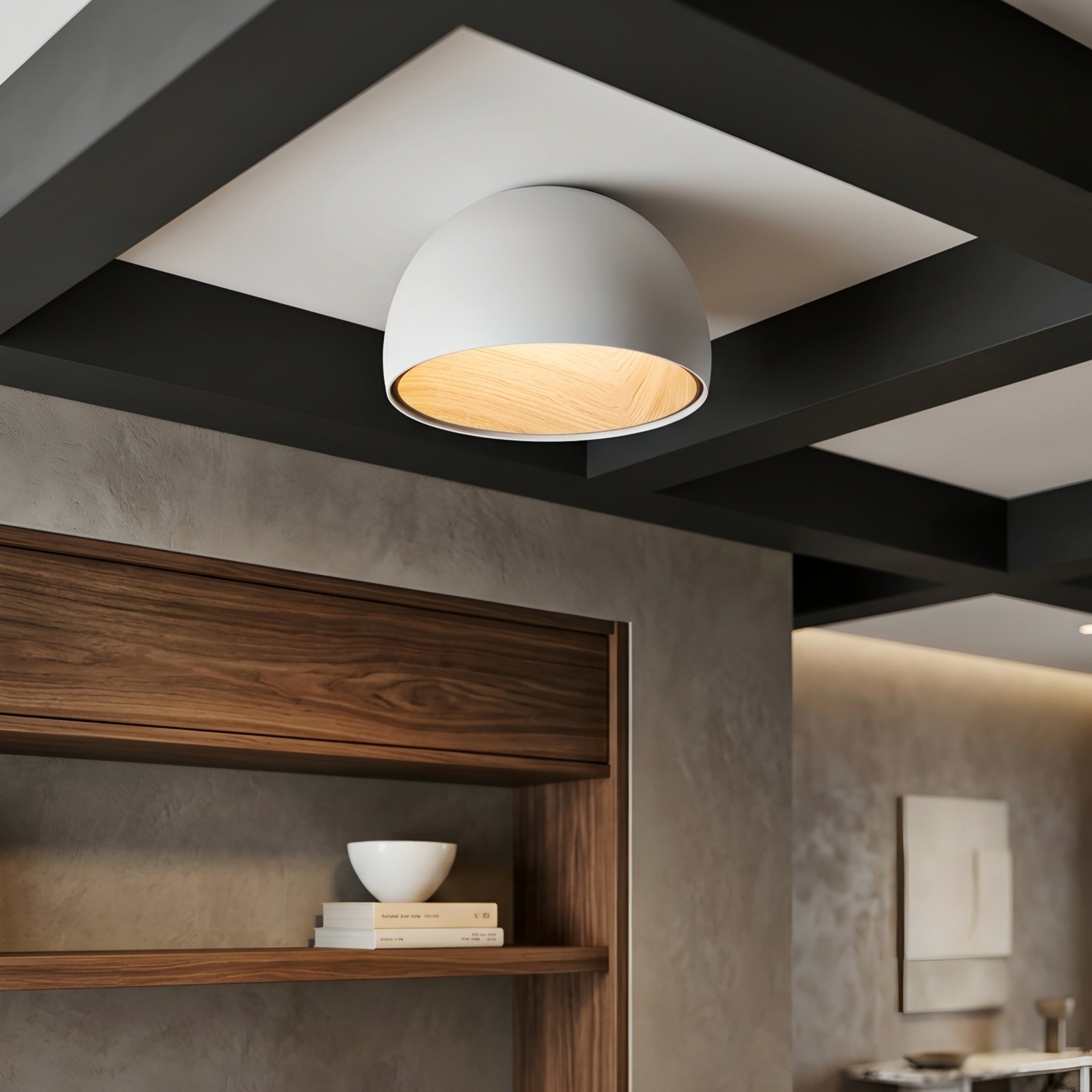 Timbrel Flush Mount Ceiling Light – Modern Black Wood Grain LED Round Living Room Bedroom Decorative Lighting