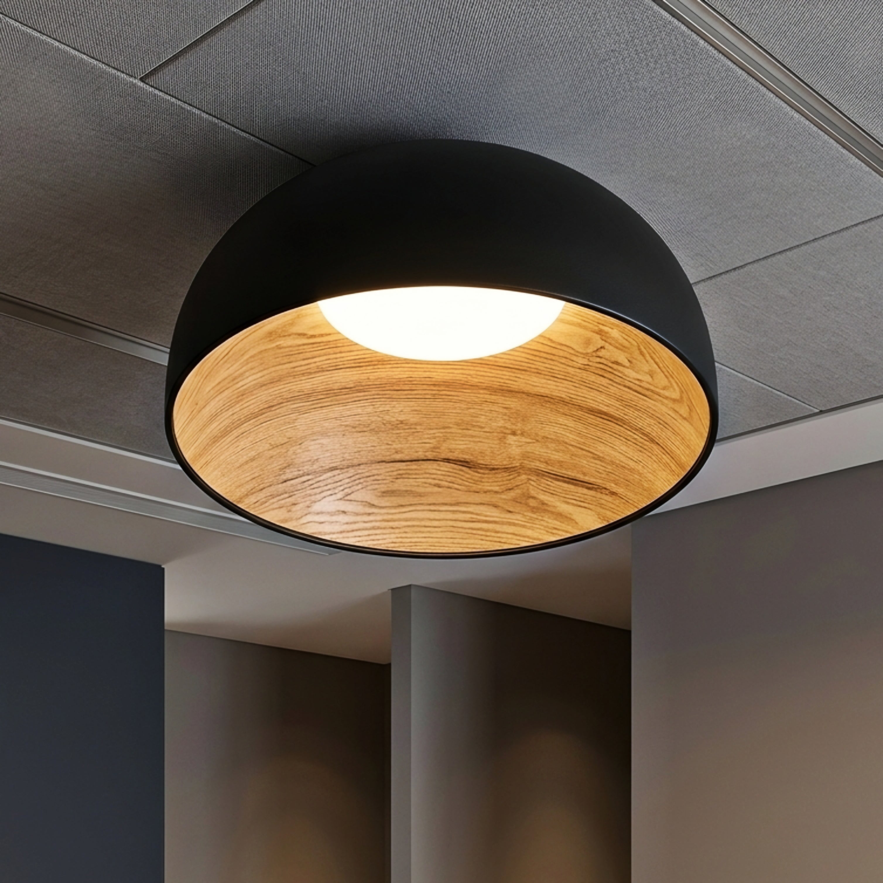 Timbrel Flush Mount Ceiling Light – Modern Black Wood Grain LED Round Living Room Bedroom Decorative Lighting
