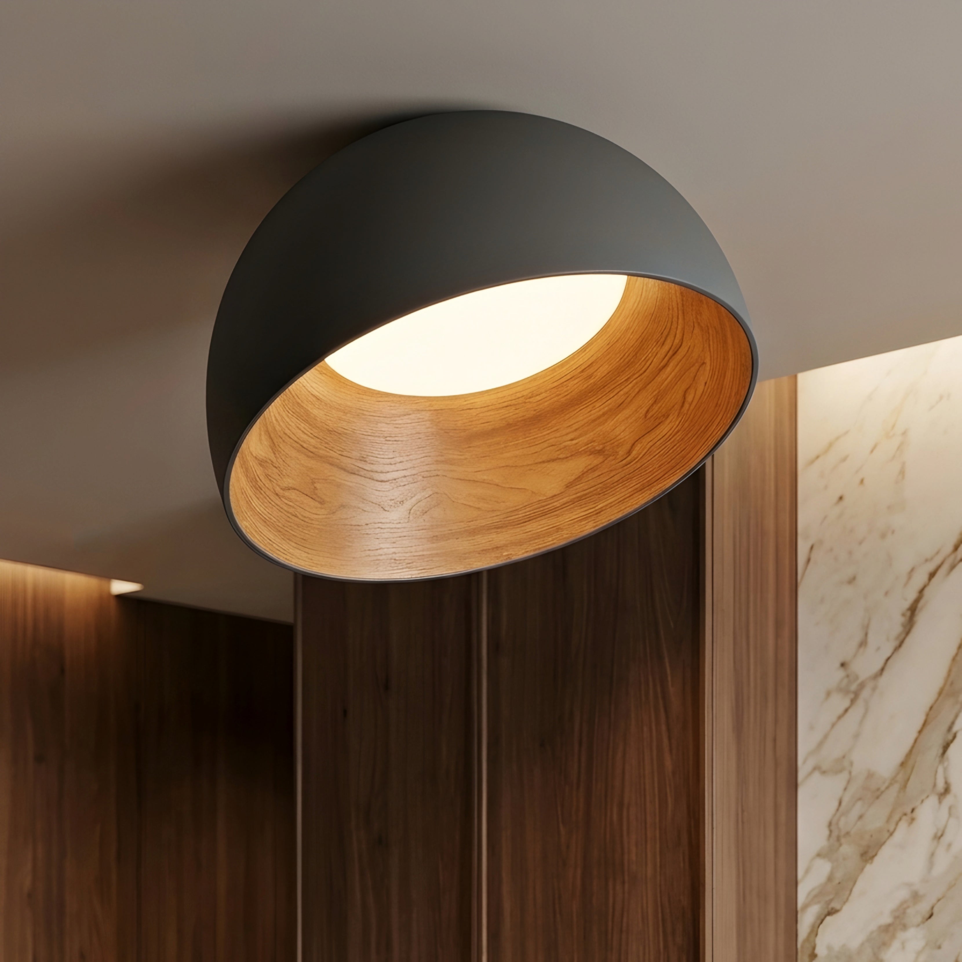 Timbrel Flush Mount Ceiling Light – Modern Black Wood Grain LED Round Living Room Bedroom Decorative Lighting