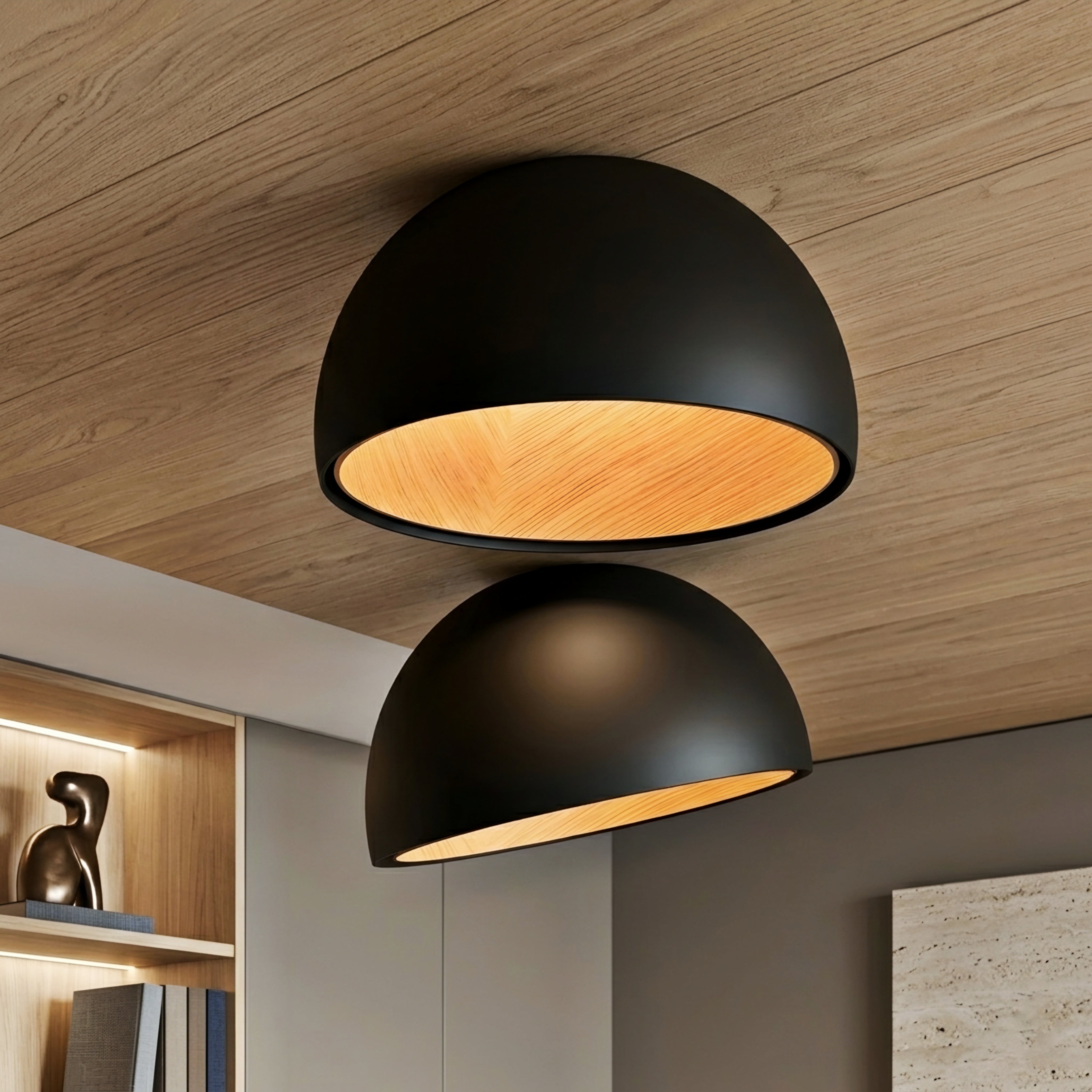 Timbrel Flush Mount Ceiling Light – Modern Black Wood Grain LED Round Living Room Bedroom Decorative Lighting