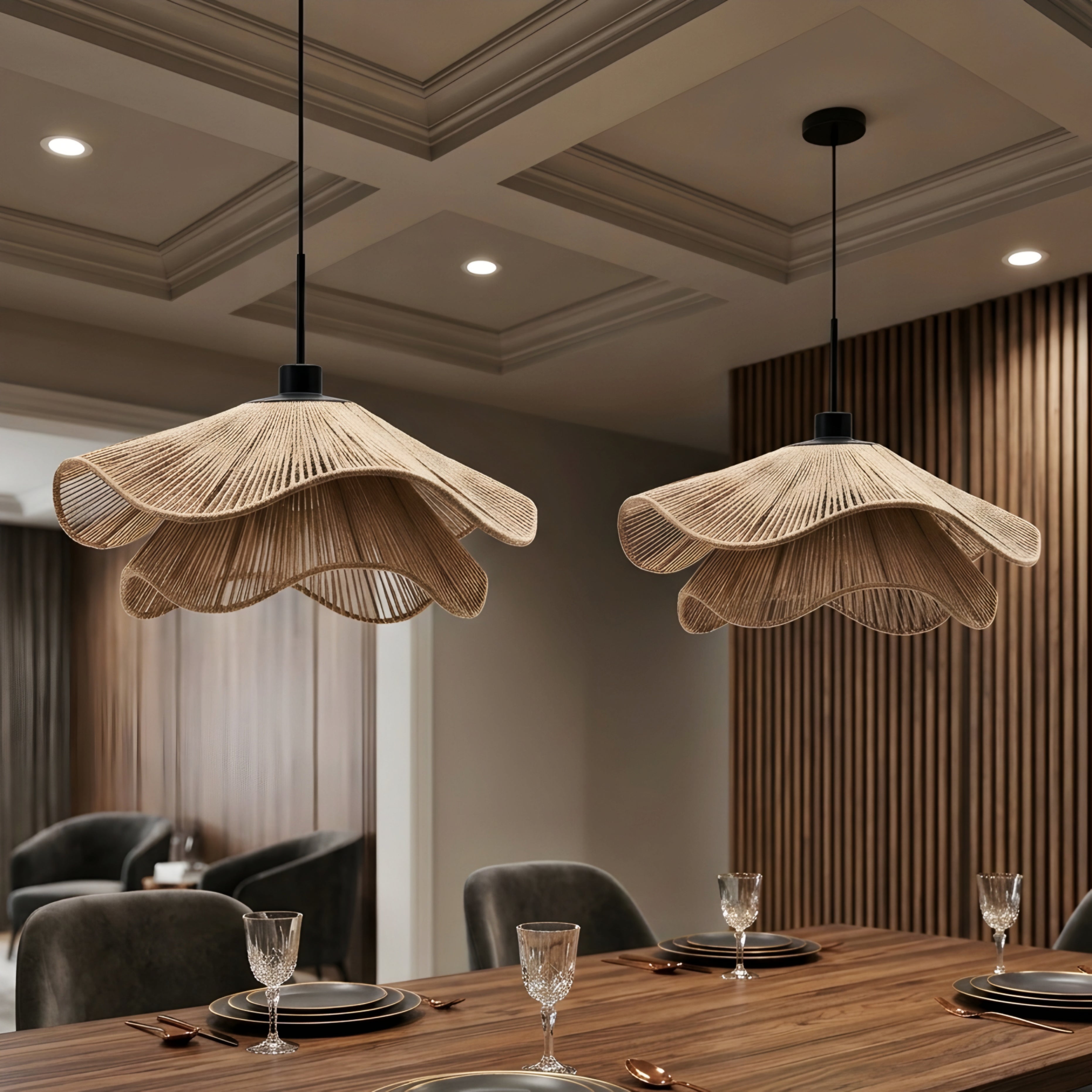 Fleuris Wave Pendant Light – Natural Rope Woven Bohemian Decorative Lighting Ceiling Dining Room Kitchen