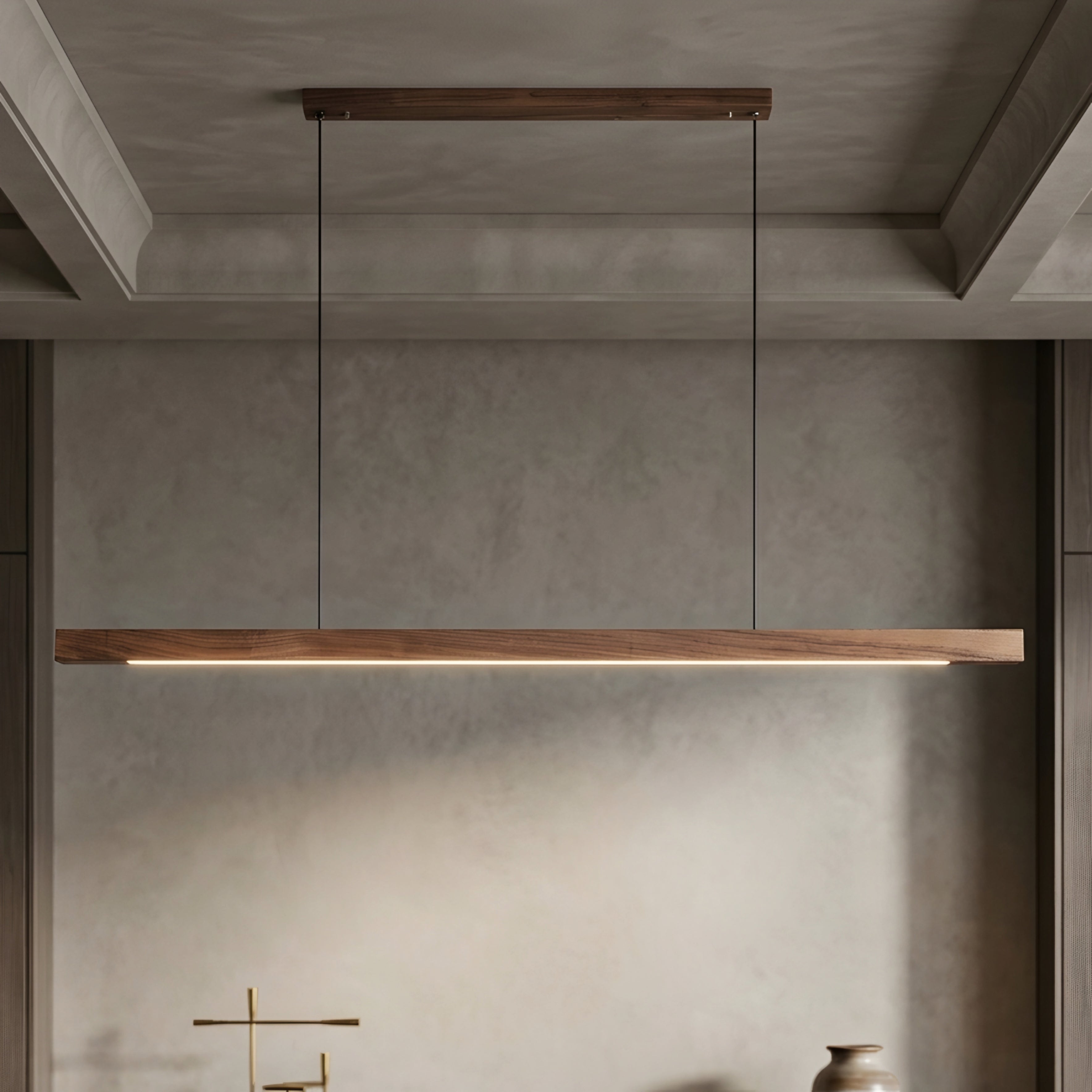 Breckton Linear Pendant Light – Wood Minimalist Kitchen Island Dining Room Table Ceiling Fixture