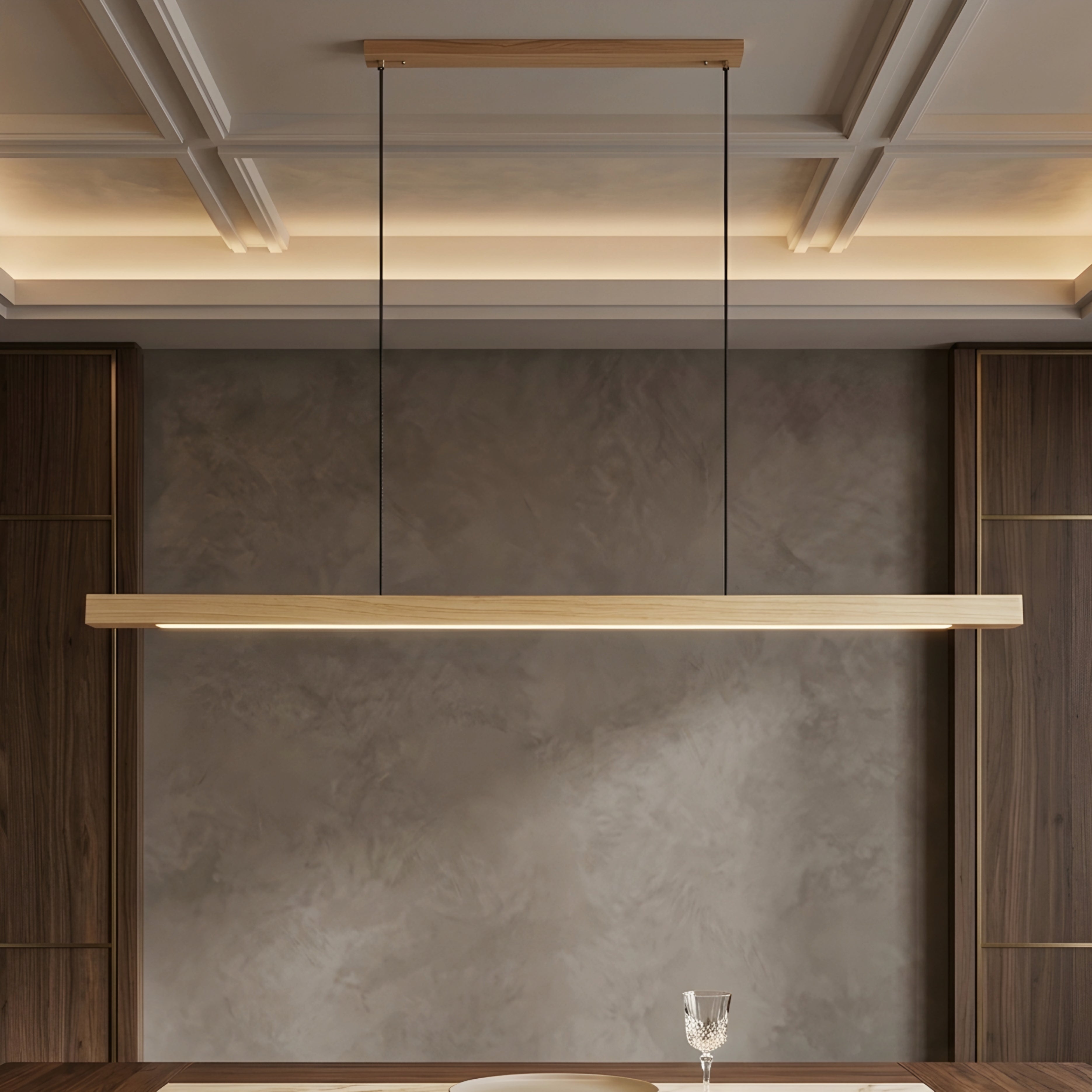 Breckton Linear Pendant Light – Wood Minimalist Kitchen Island Dining Room Table Ceiling Fixture