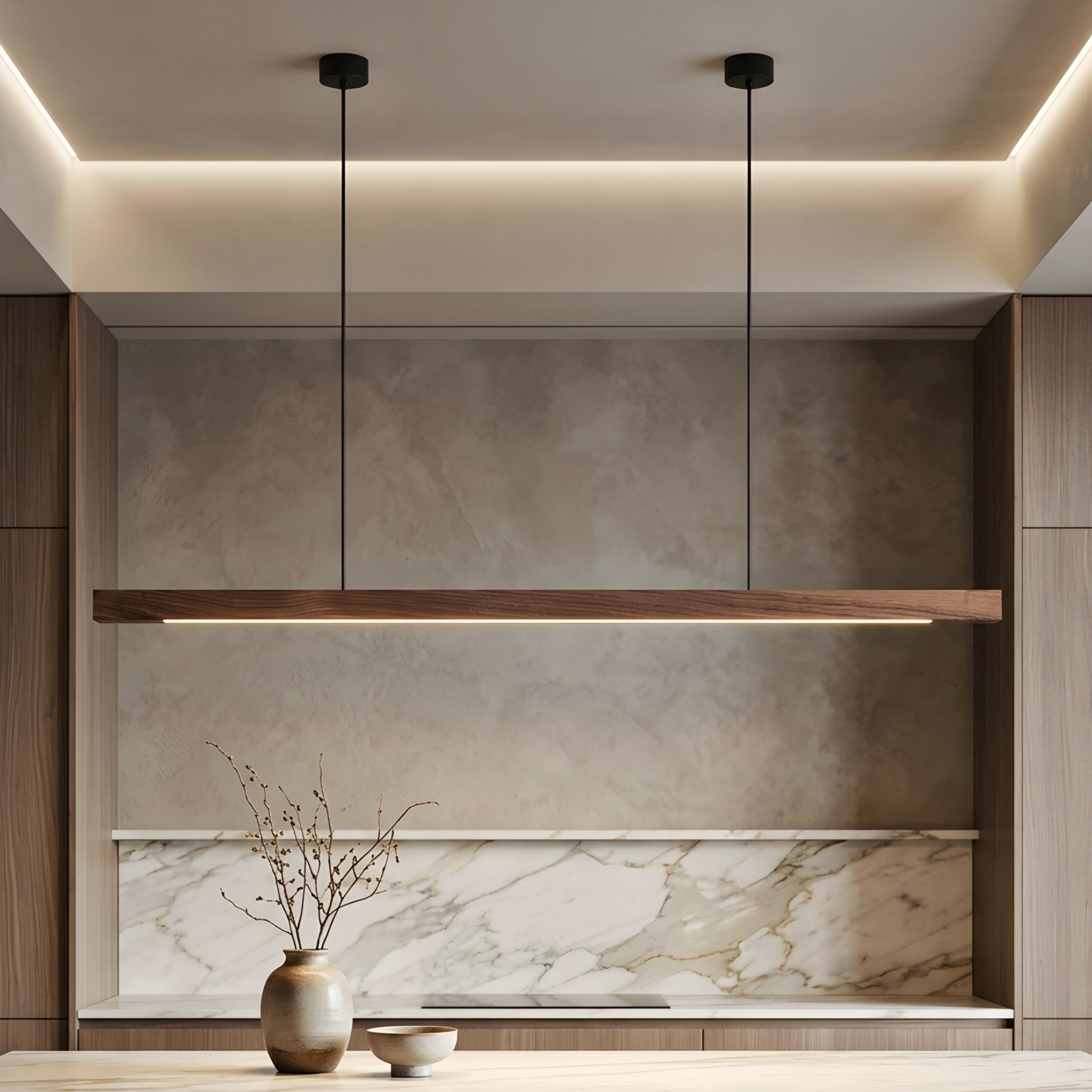 Breckton Linear Pendant Light – Wood Minimalist Kitchen Island Dining Room Table Ceiling Fixture