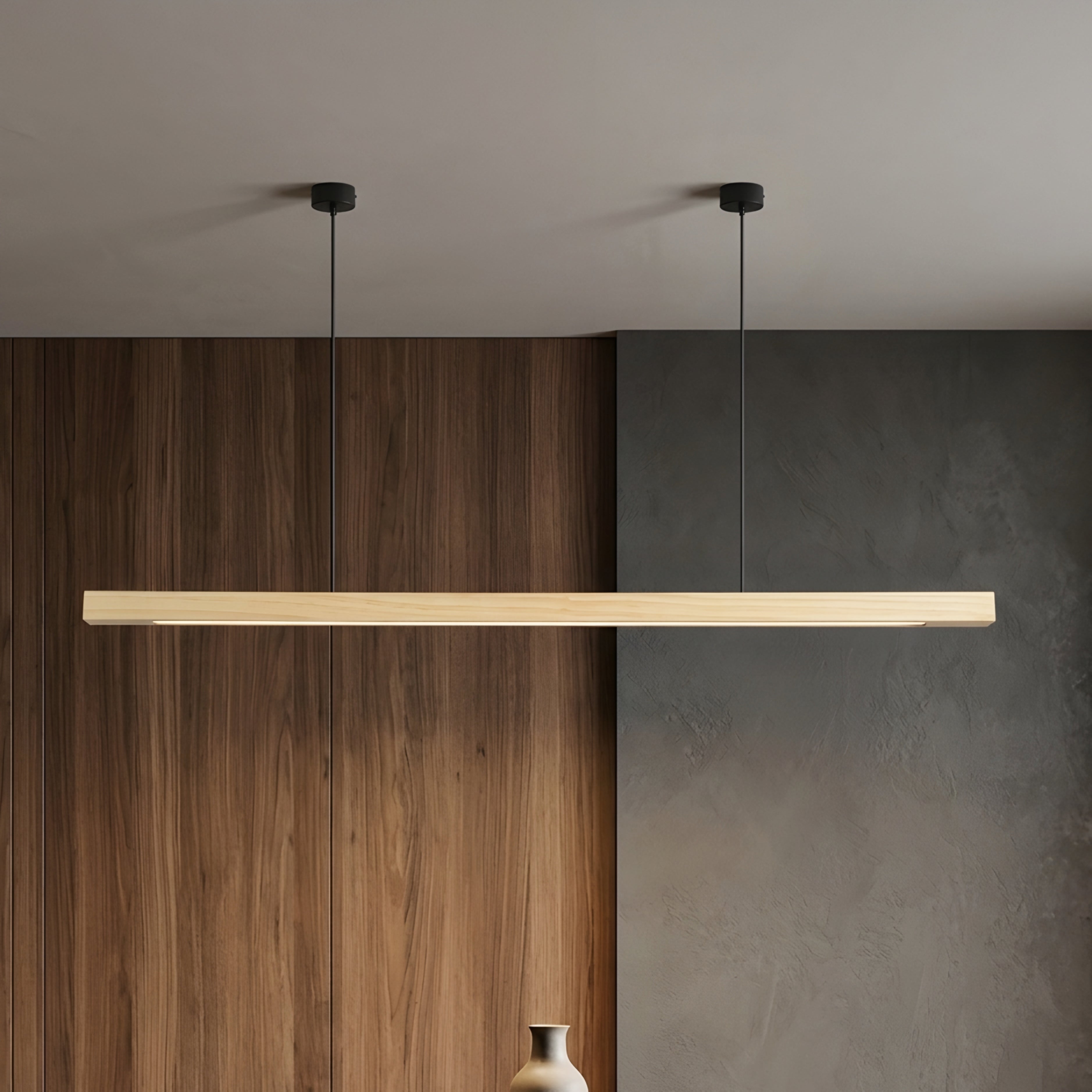 Breckton Linear Pendant Light – Wood Minimalist Kitchen Island Dining Room Table Ceiling Fixture