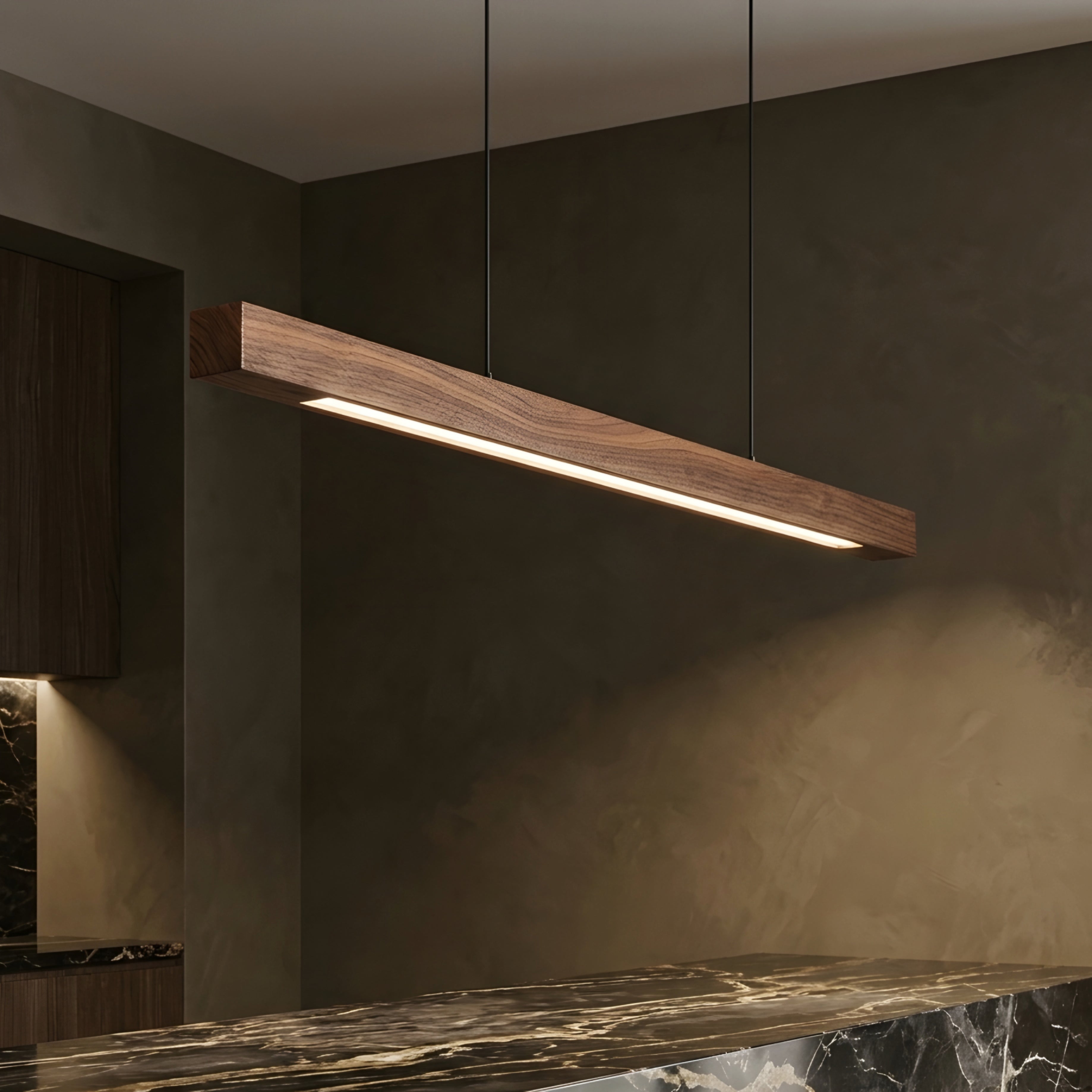 Breckton Linear Pendant Light – Wood Minimalist Kitchen Island Dining Room Table Ceiling Fixture