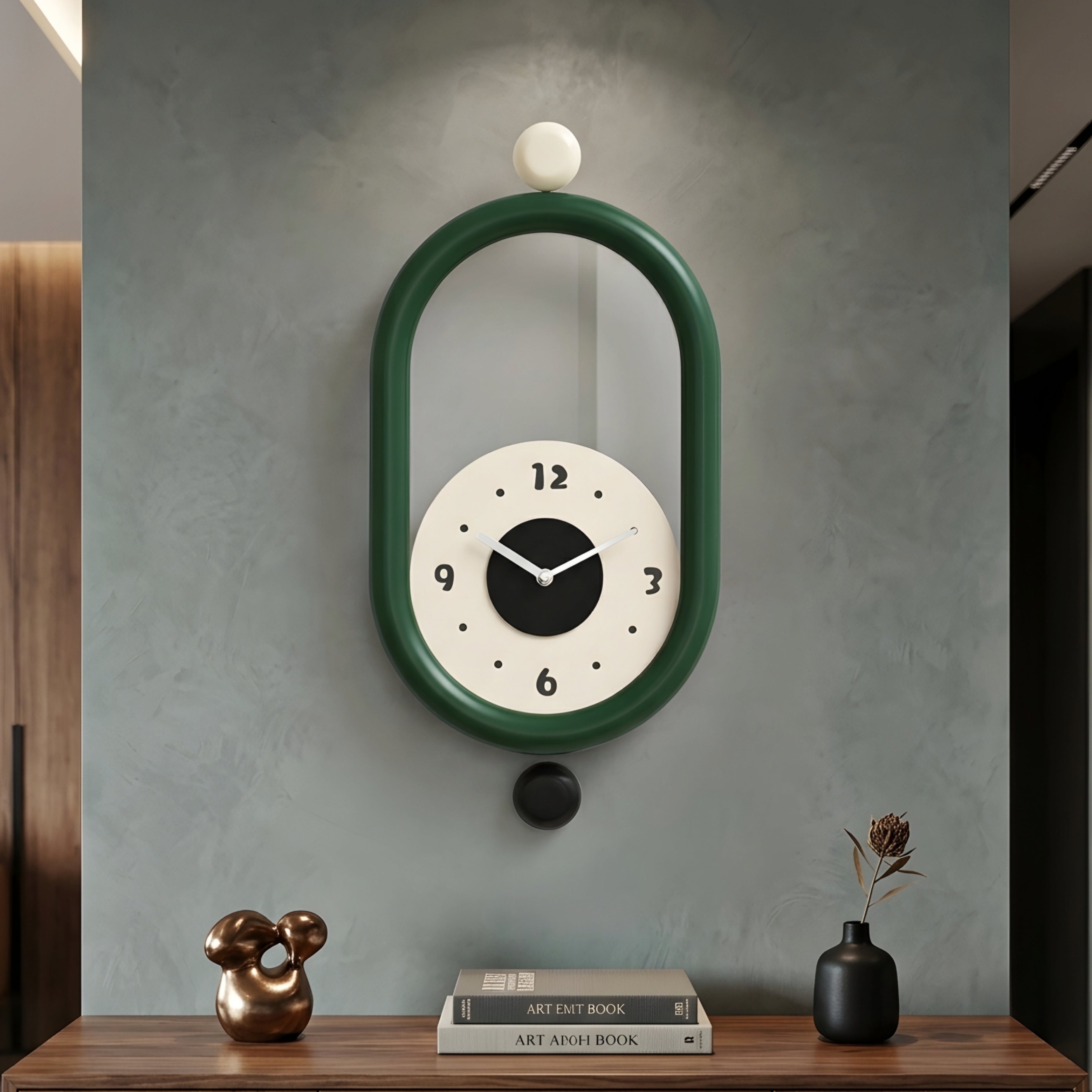 Ovalis Pendant Wall Clock – Mid Century Modern Green Oval Kitchen Living Room Bedroom Decor