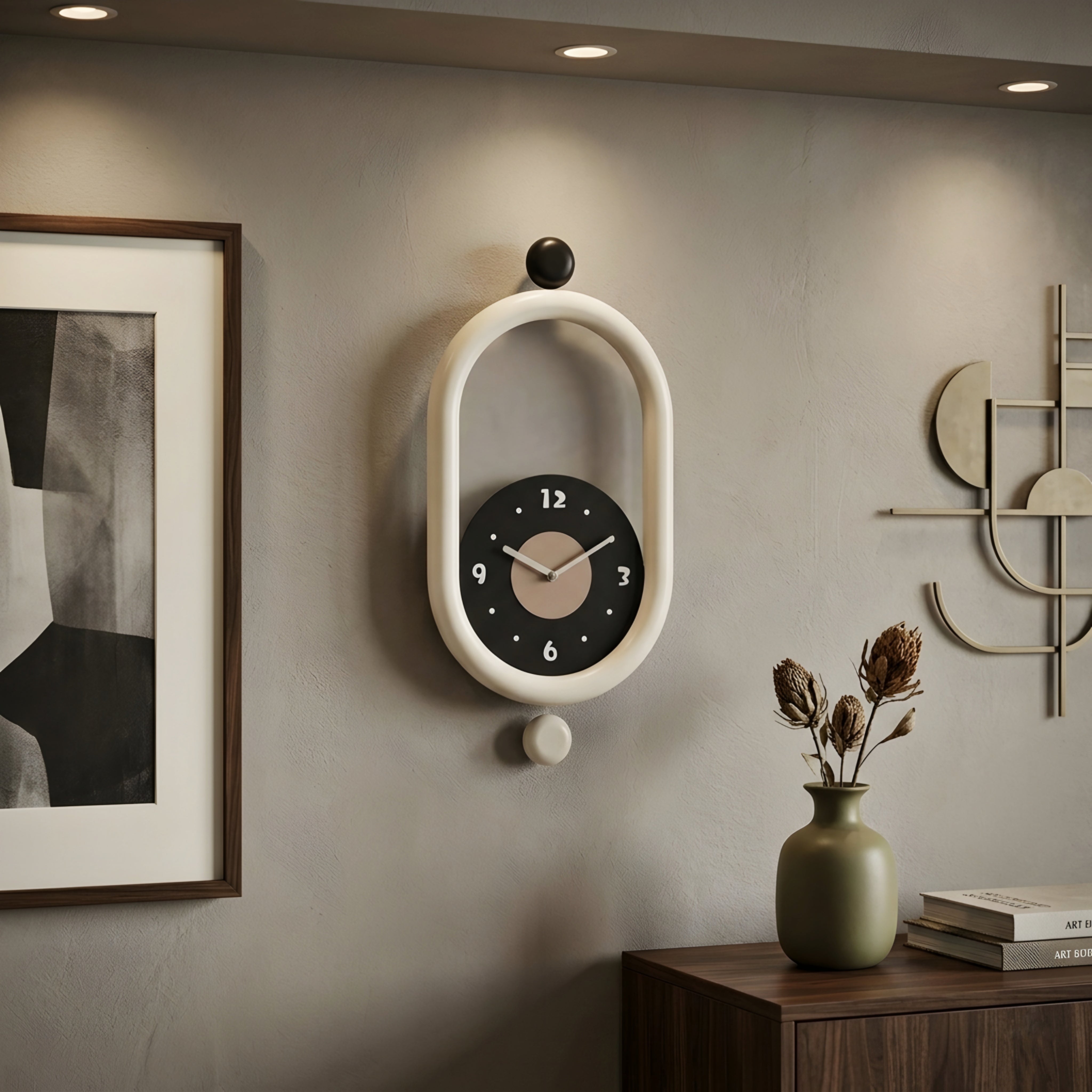 Ovalis Pendant Wall Clock – Mid Century Modern Green Oval Kitchen Living Room Bedroom Decor