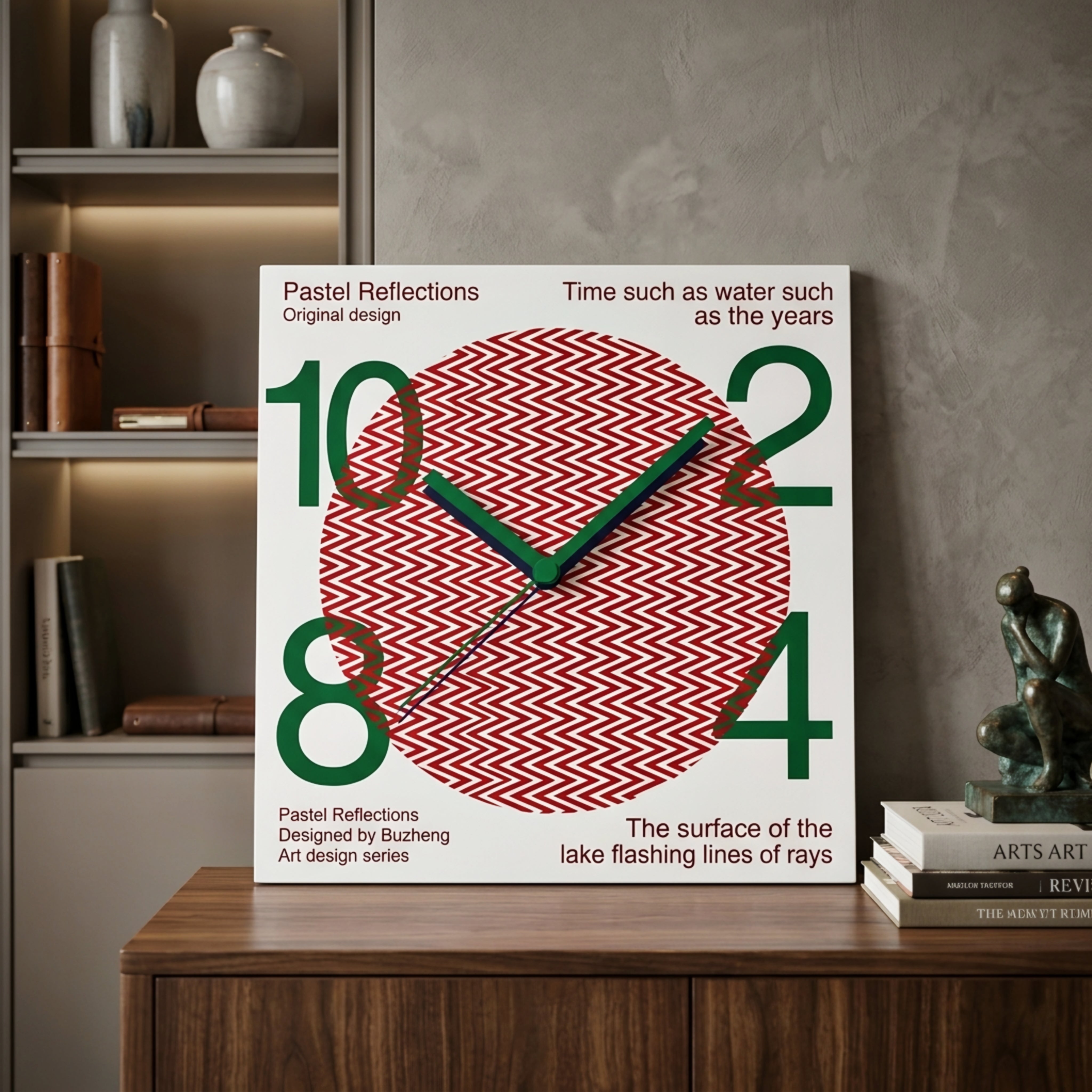 Chevron Clock Wall Art – Mid Century Modern Decorative Bedroom Living Room Home Furnishing Red Green