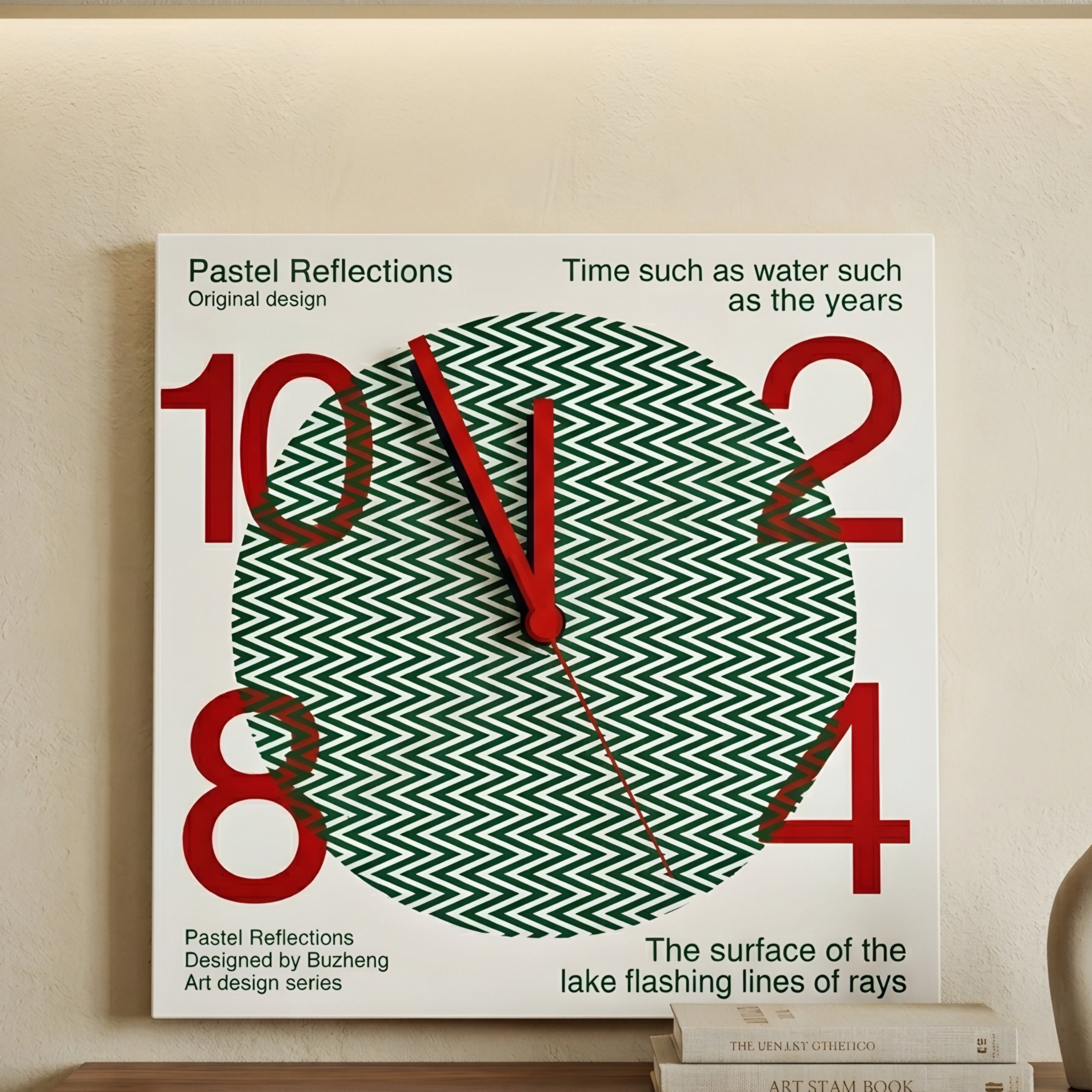 Chevron Clock Wall Art – Mid Century Modern Decorative Bedroom Living Room Home Furnishing Red Green