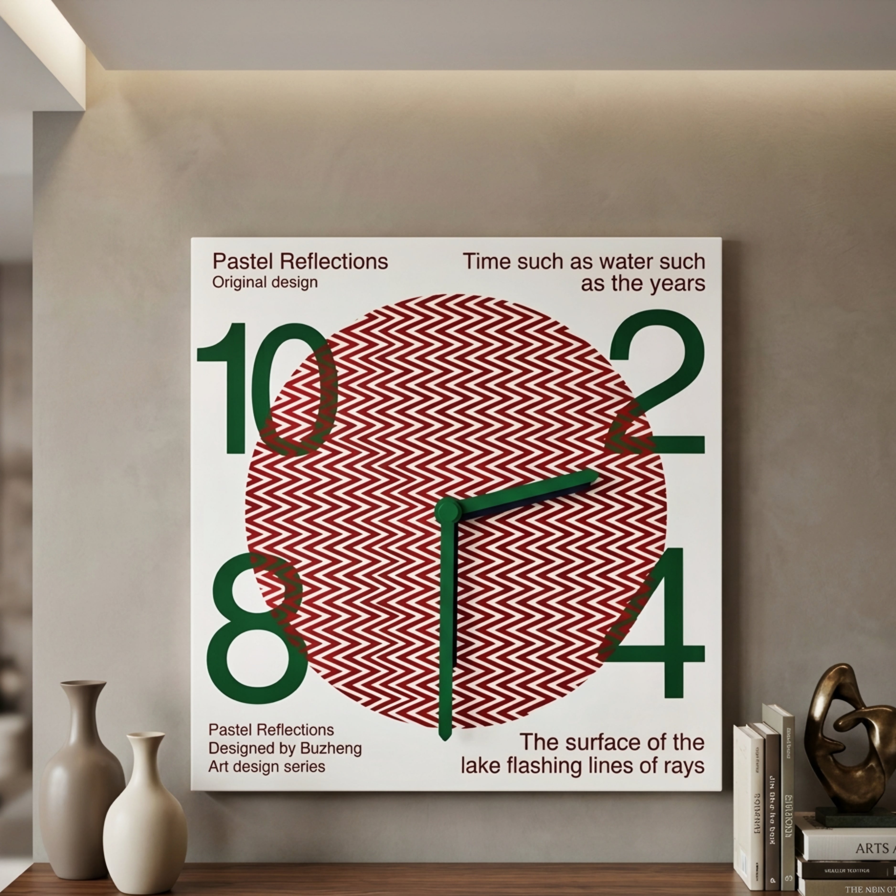 Chevron Clock Wall Art – Mid Century Modern Decorative Bedroom Living Room Home Furnishing Red Green