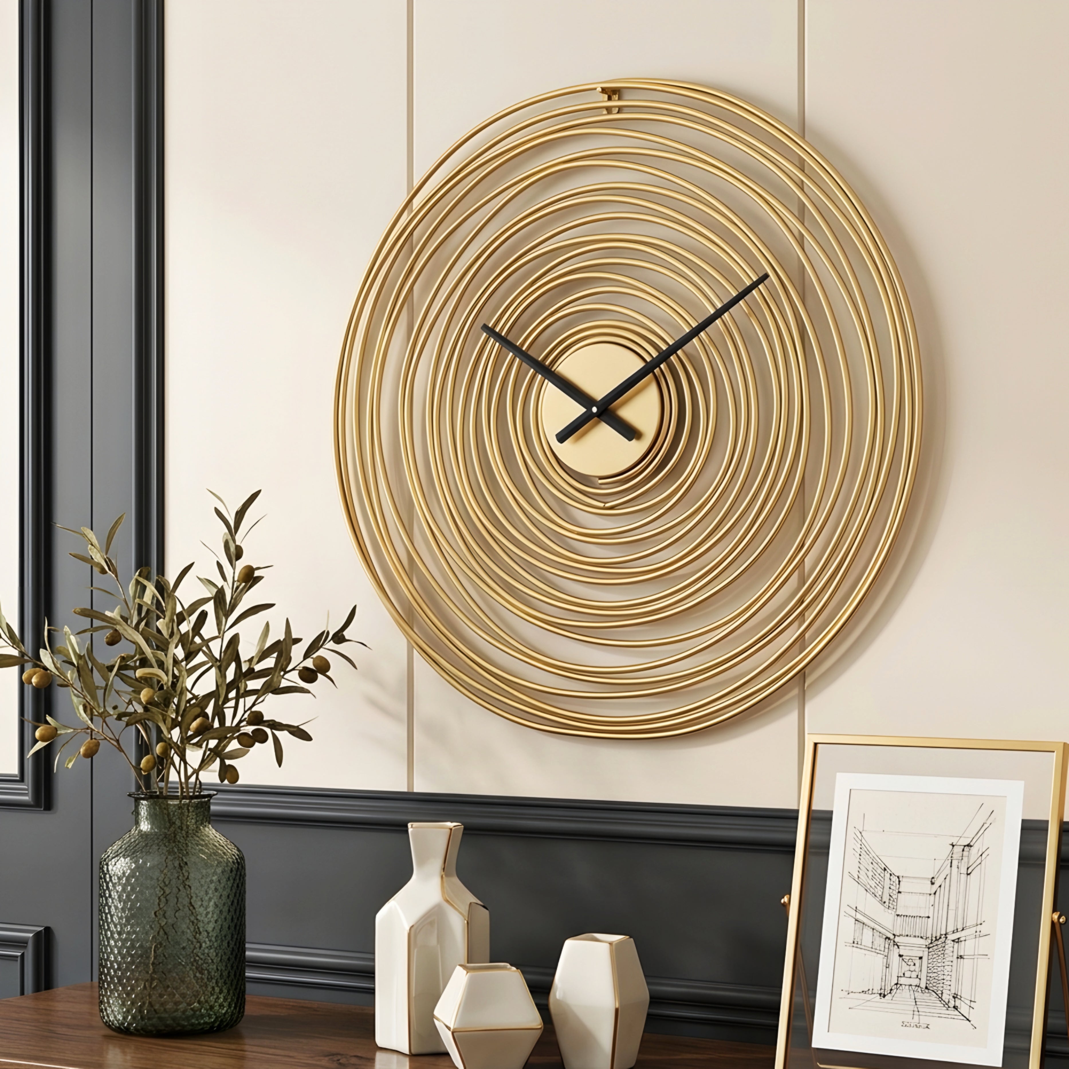 Orbix Spiral Wall Clock – Mid Century Modern Gold Metal Large Decorative Living Room Bedroom