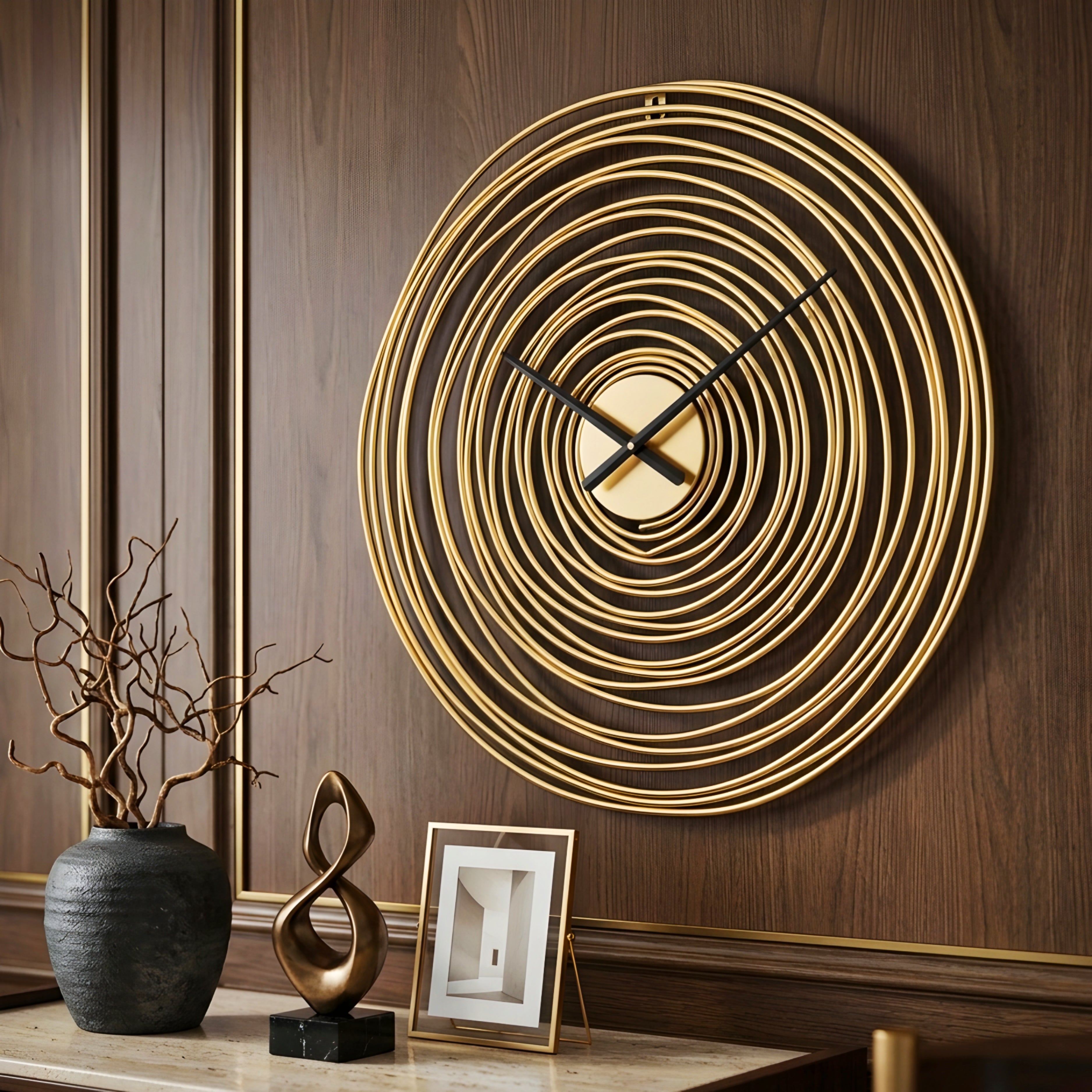 Orbix Spiral Wall Clock – Mid Century Modern Gold Metal Large Decorative Living Room Bedroom