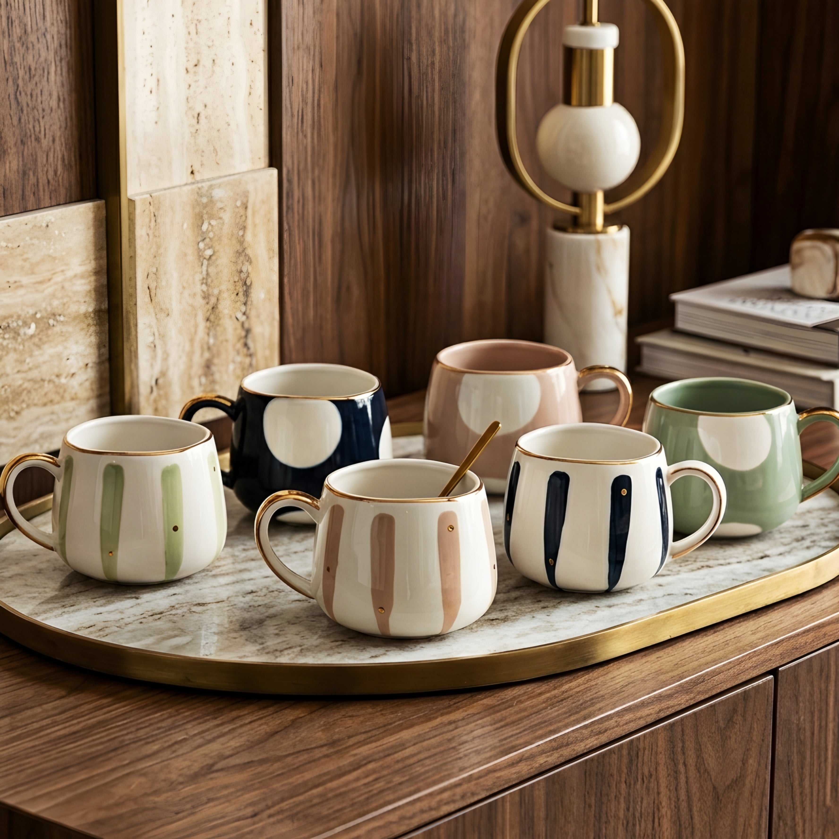 Delsio Ceramic Mug – Mid Century Modern Coffee Mugs White Beige Green Kitchen Home Furnishing Decor