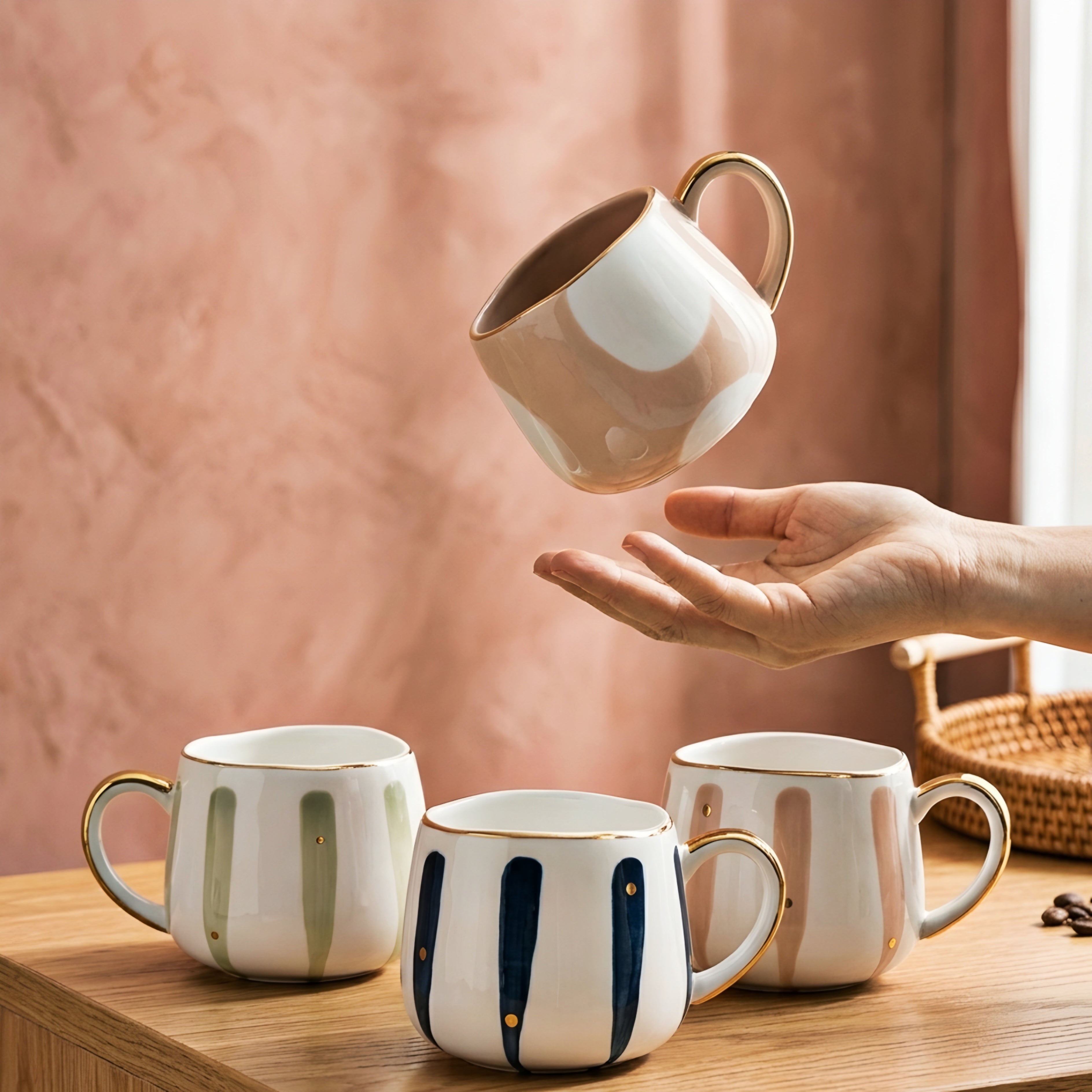 Delsio Ceramic Mug – Mid Century Modern Coffee Mugs White Beige Green Kitchen Home Furnishing Decor