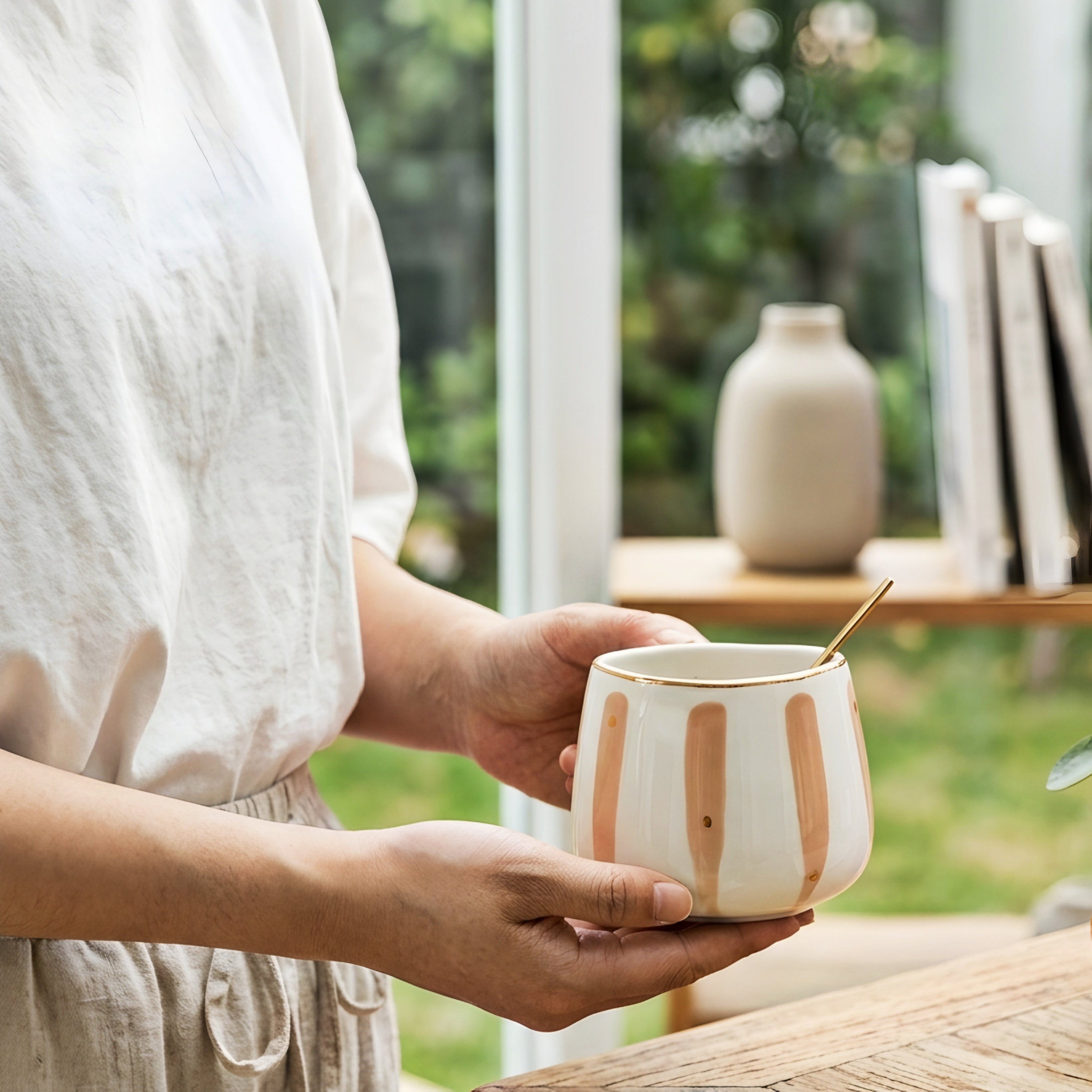 Delsio Ceramic Mug – Mid Century Modern Coffee Mugs White Beige Green Kitchen Home Furnishing Decor