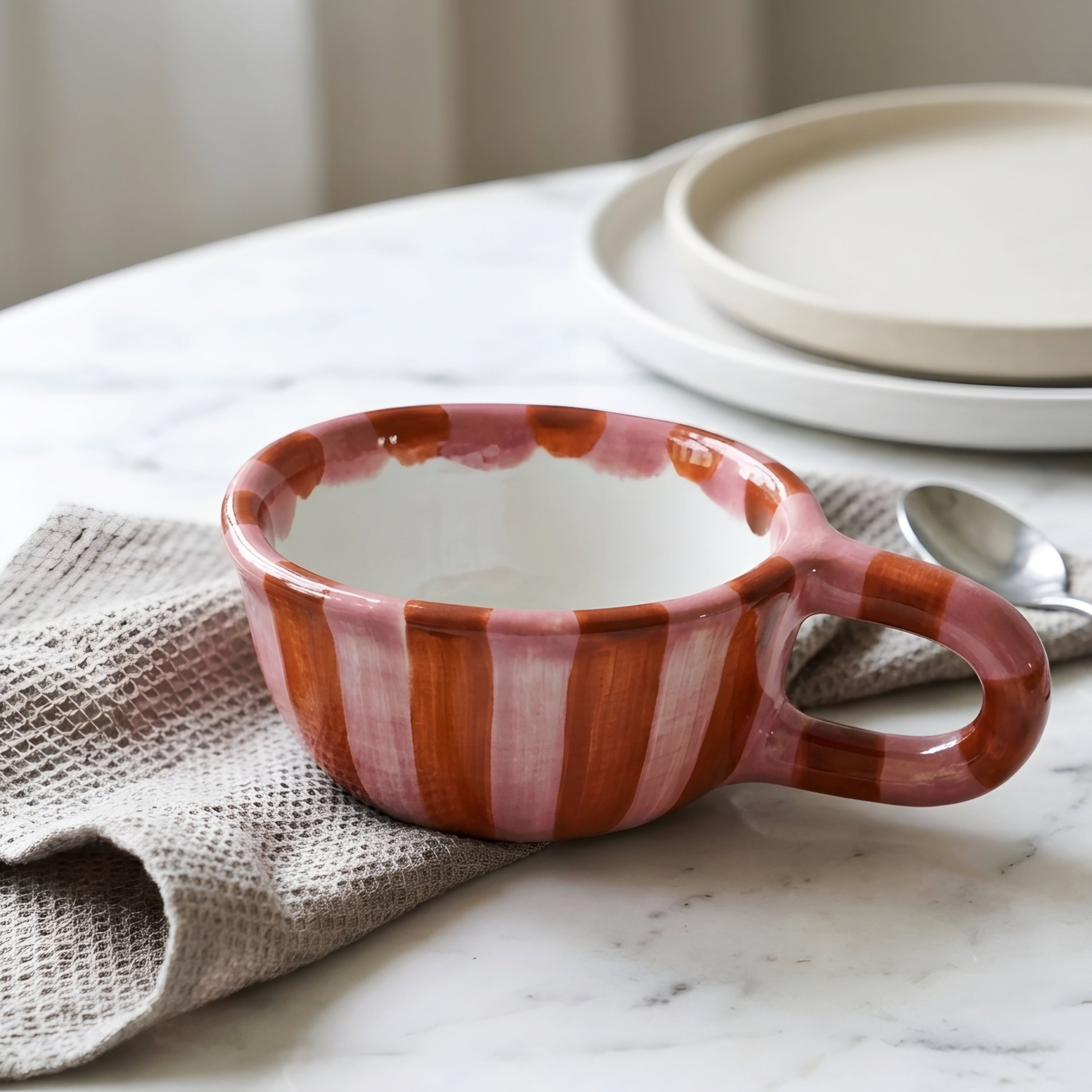 Brezza Stripe Ceramic Mug – Mid Century Modern Decorative Coffee Cup Pink Orange Kitchen Decor