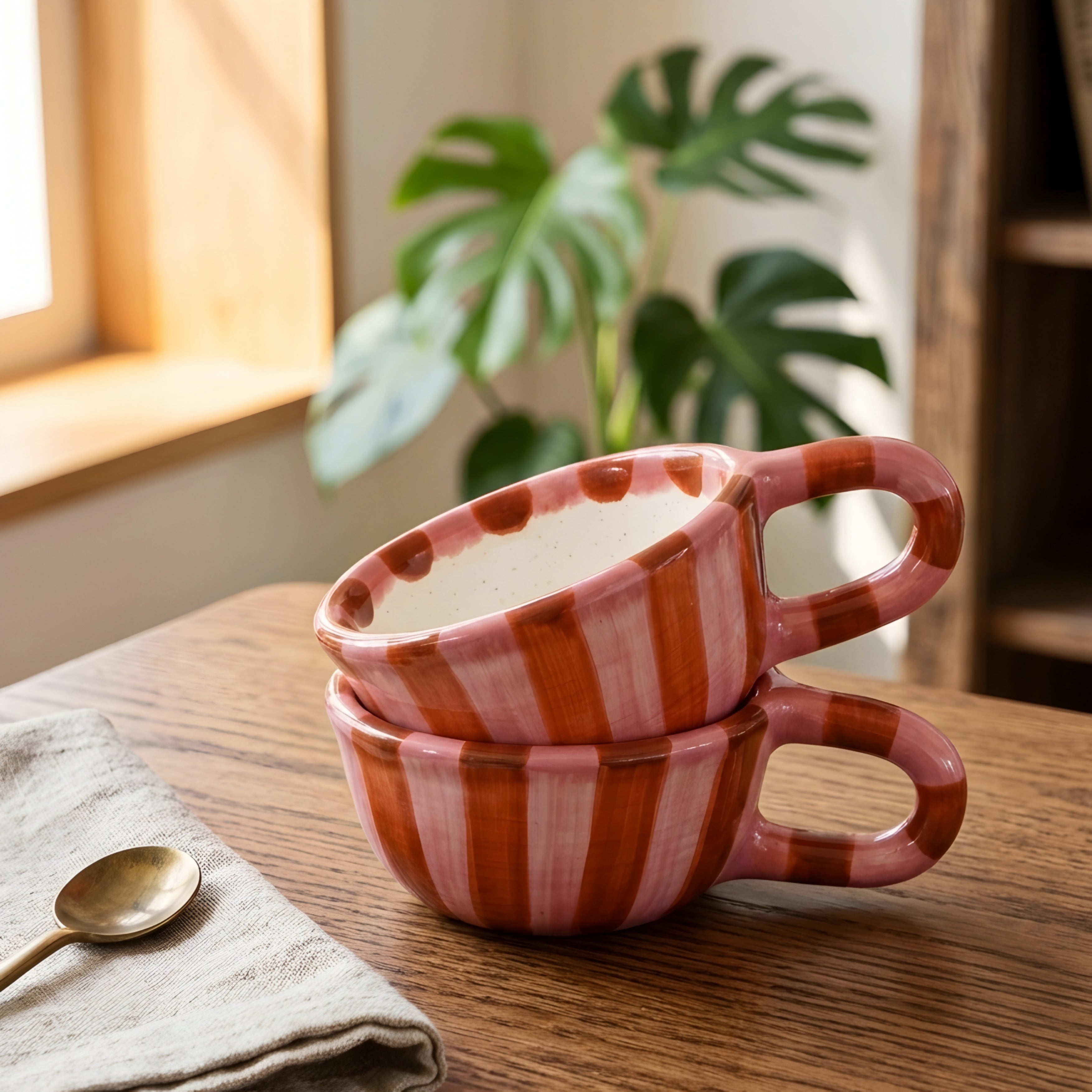 Brezza Stripe Ceramic Mug – Mid Century Modern Decorative Coffee Cup Pink Orange Kitchen Decor