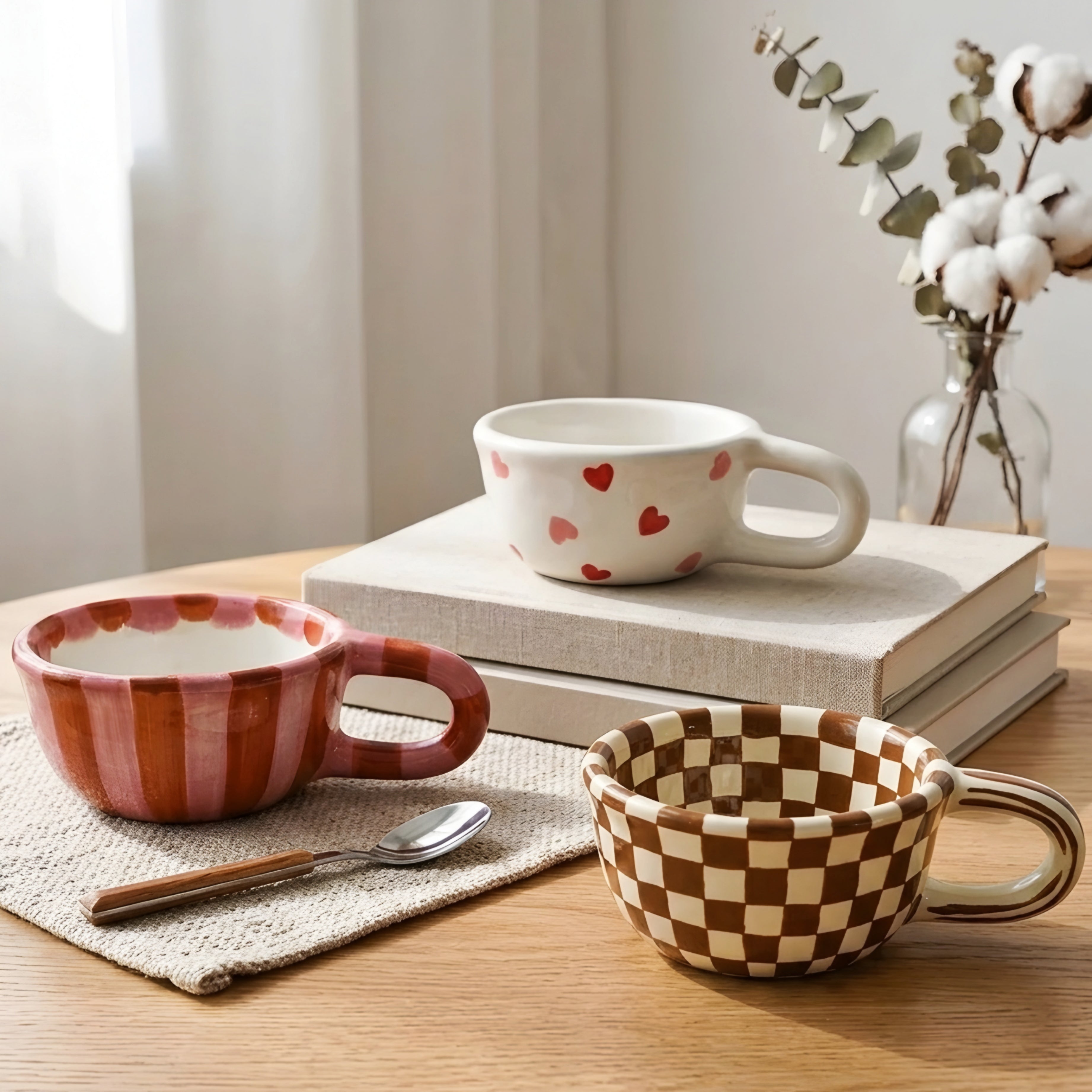 Brezza Stripe Ceramic Mug – Mid Century Modern Decorative Coffee Cup Pink Orange Kitchen Decor