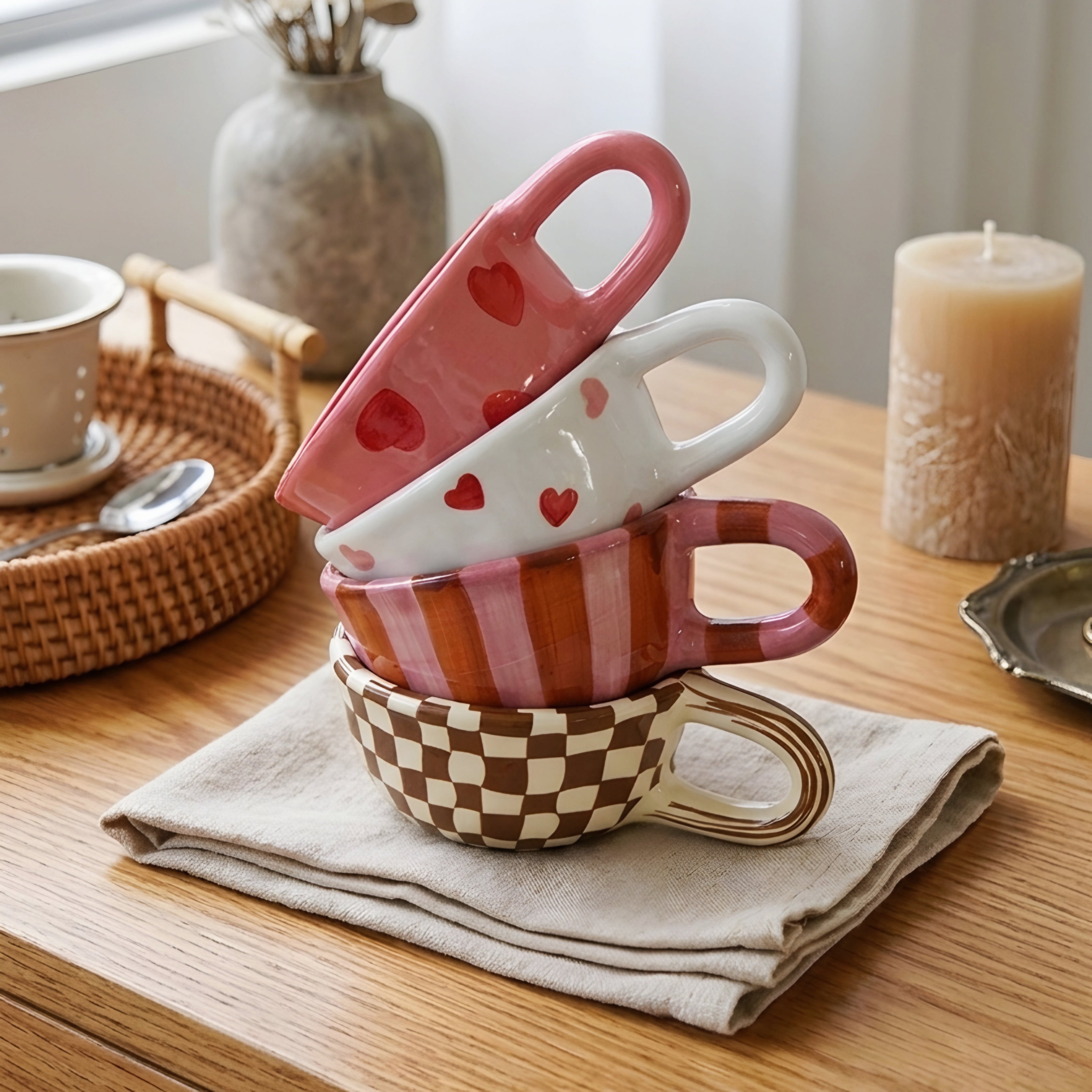 Brezza Stripe Ceramic Mug – Mid Century Modern Decorative Coffee Cup Pink Orange Kitchen Decor