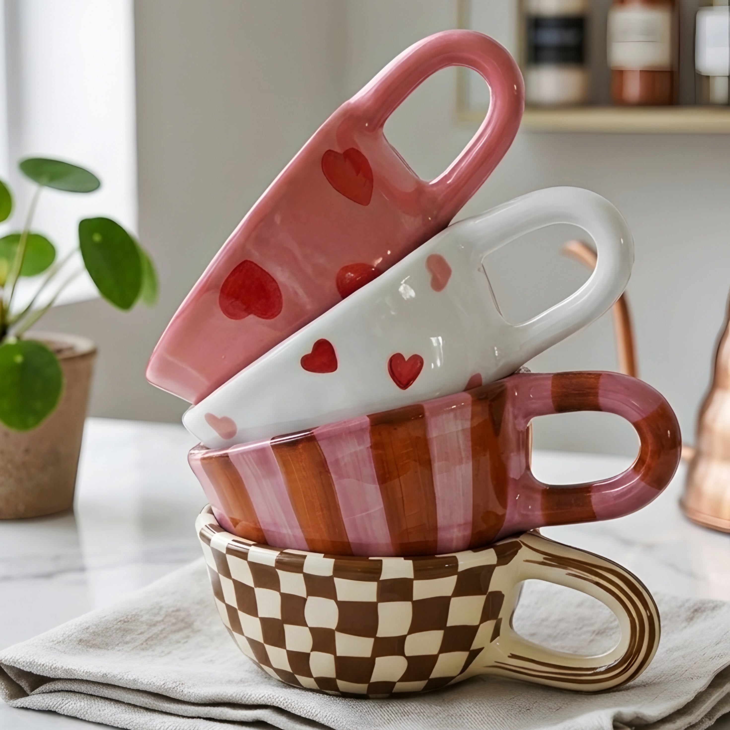 Brezza Stripe Ceramic Mug – Mid Century Modern Decorative Coffee Cup Pink Orange Kitchen Decor