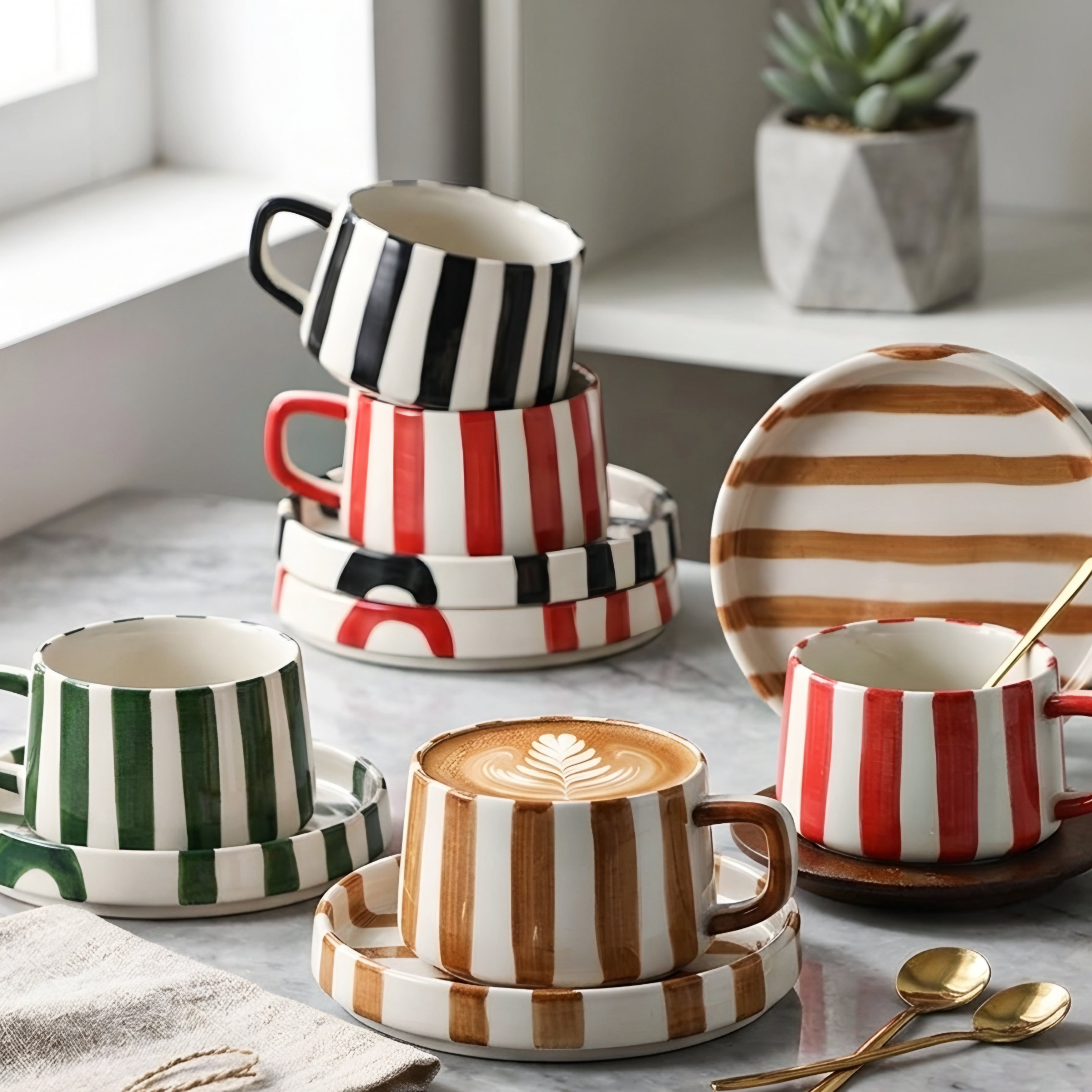 Amoré Ceramic Coffee Mug Set – Handpainted Heart Polka Dot Novelty Cup Large Handle Kitchen Dining