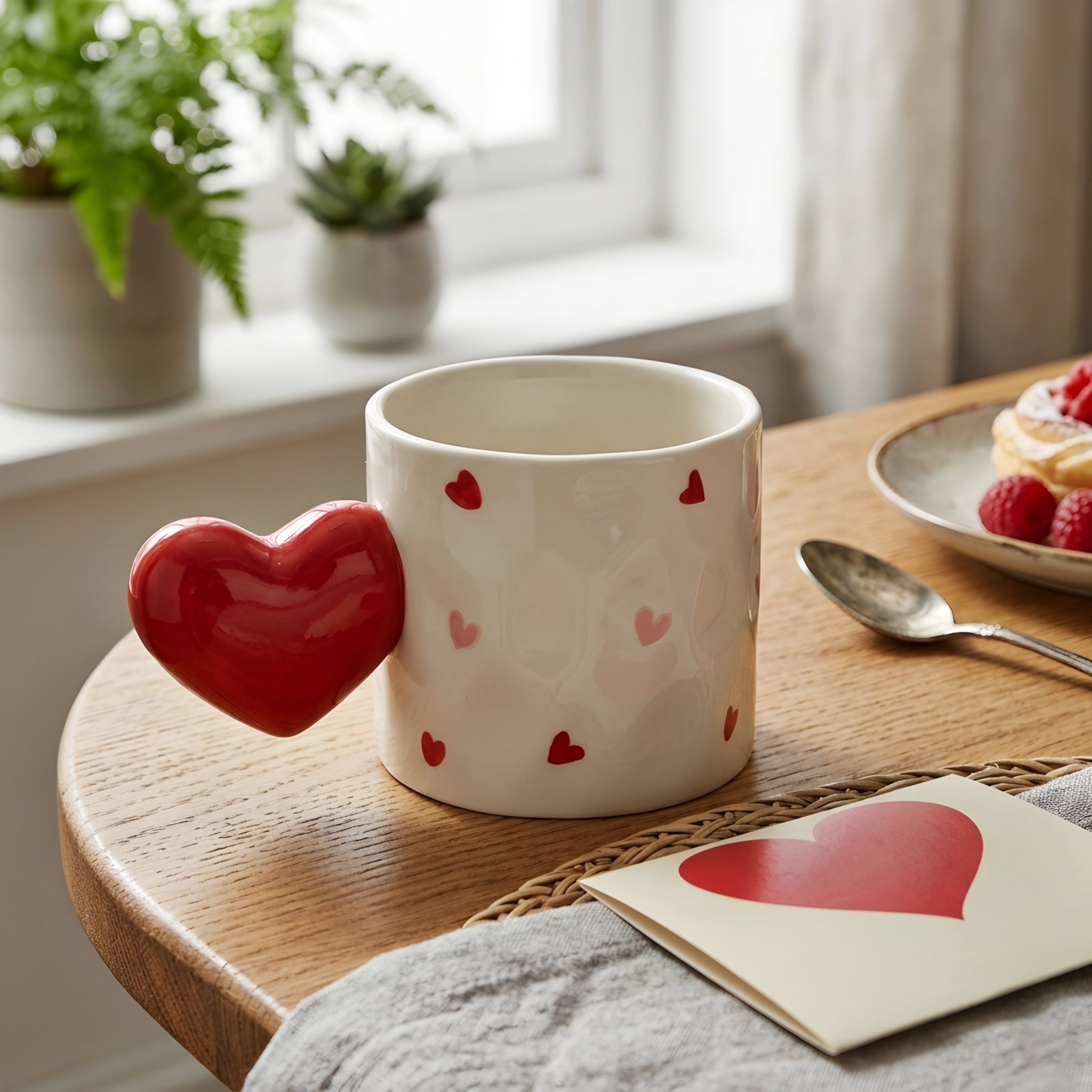 Amoré Ceramic Coffee Mug – Handpainted Heart Polka Dot Novelty Cup Large Handle Kitchen Dining