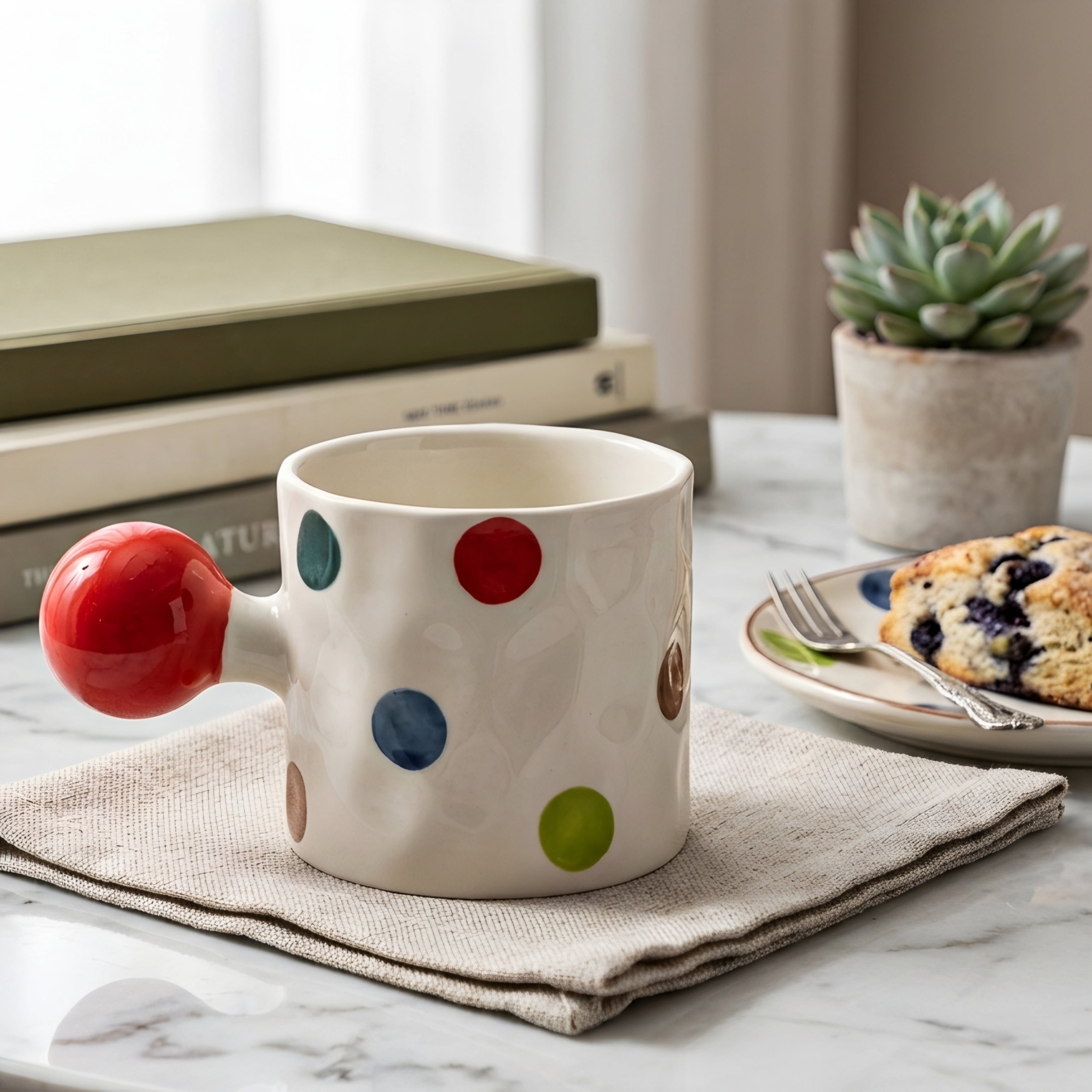 Amoré Ceramic Coffee Mug – Handpainted Heart Polka Dot Novelty Cup Large Handle Kitchen Dining