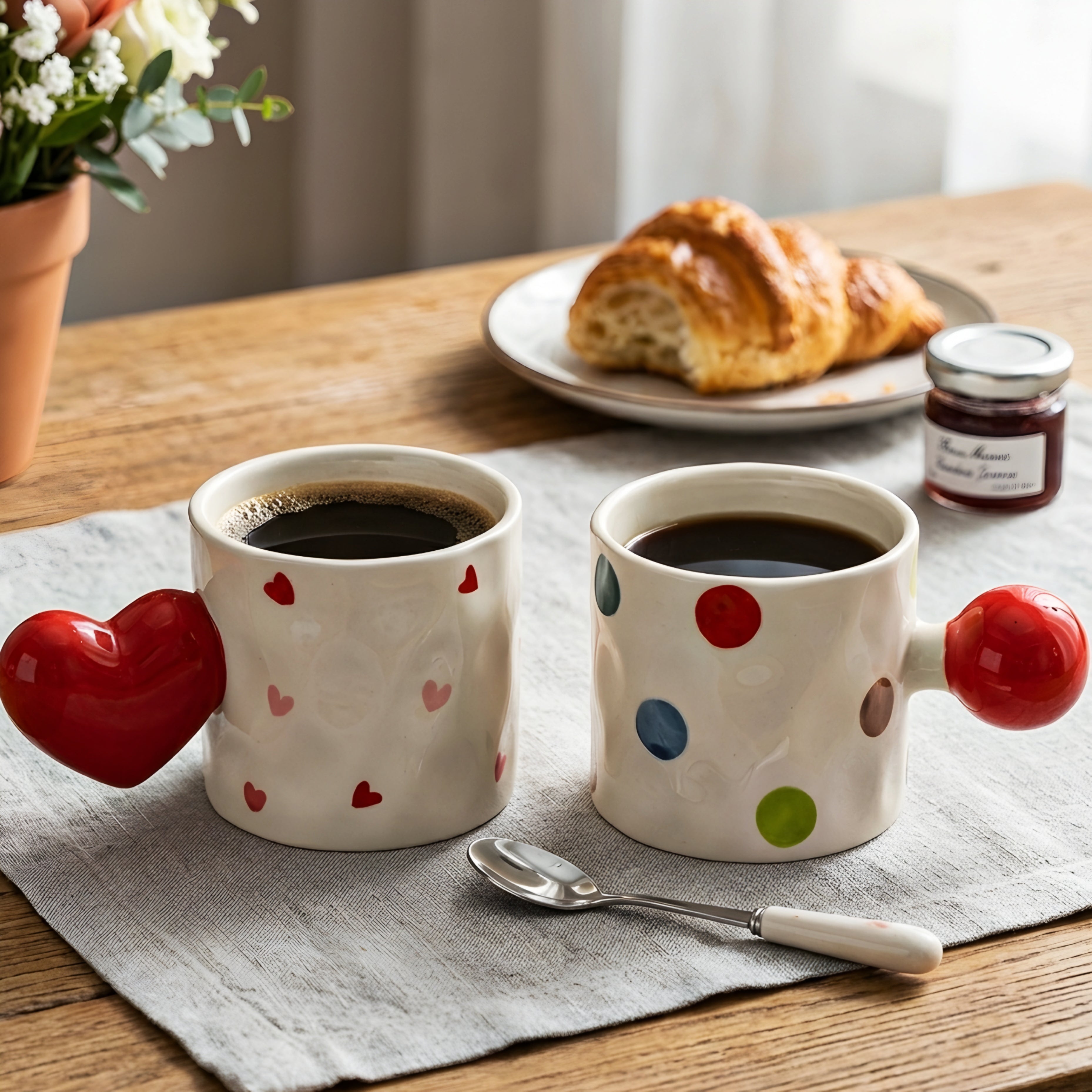 Amoré Ceramic Coffee Mug – Handpainted Heart Polka Dot Novelty Cup Large Handle Kitchen Dining