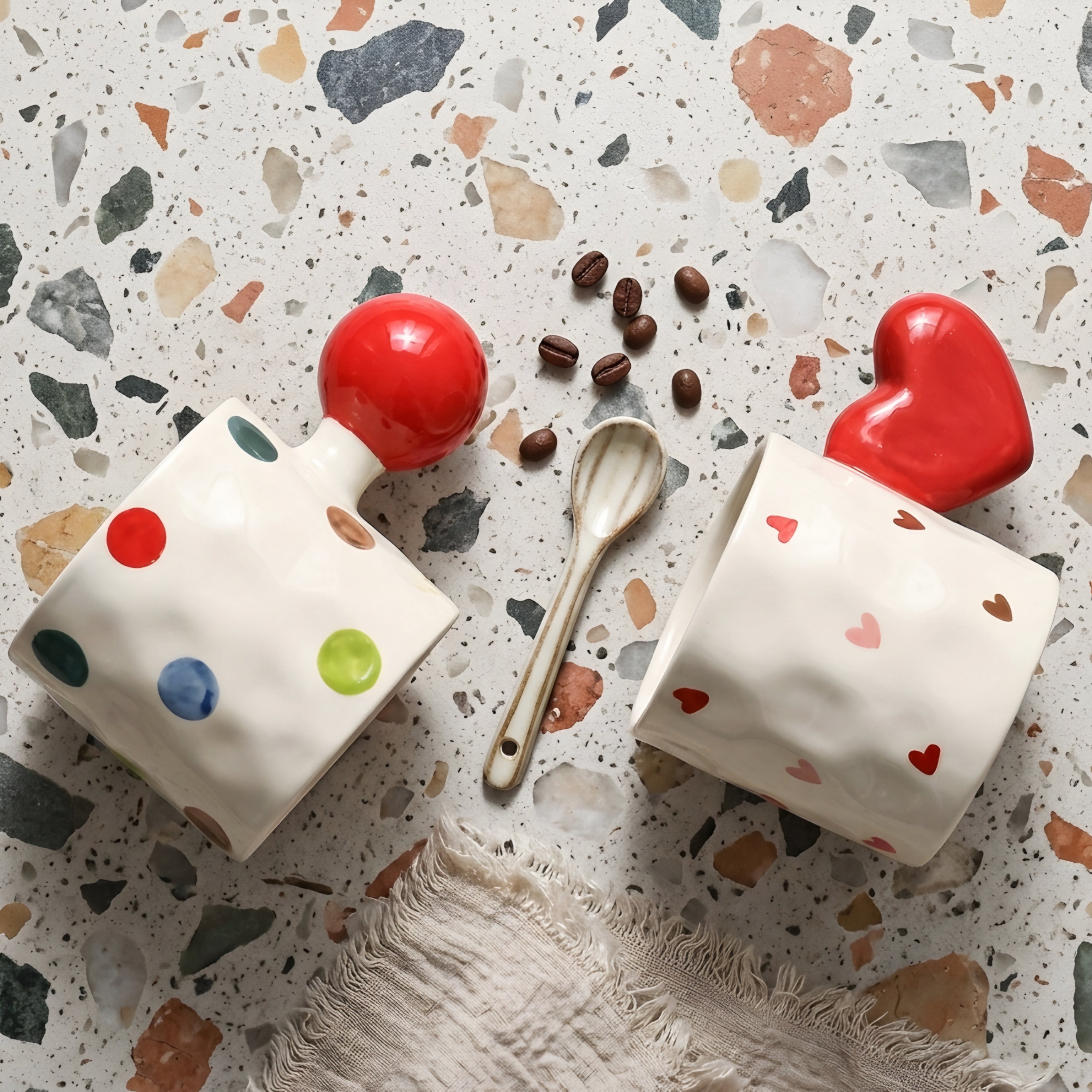 Amoré Ceramic Coffee Mug – Handpainted Heart Polka Dot Novelty Cup Large Handle Kitchen Dining