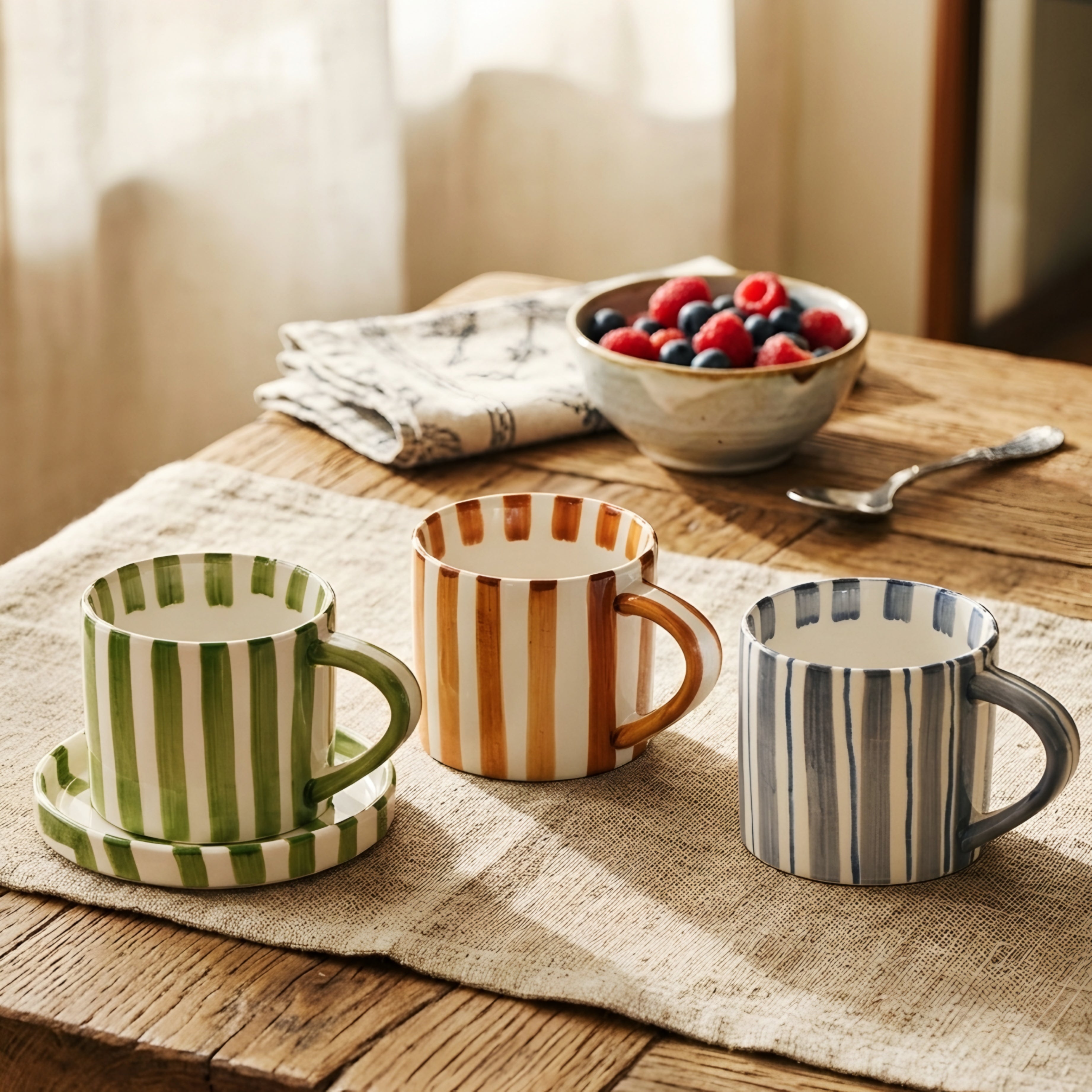Stratum Stripe Dinnerware Set – Coffee Mug Plate Set Brown White Ceramic Tableware Decorating Coffee Table