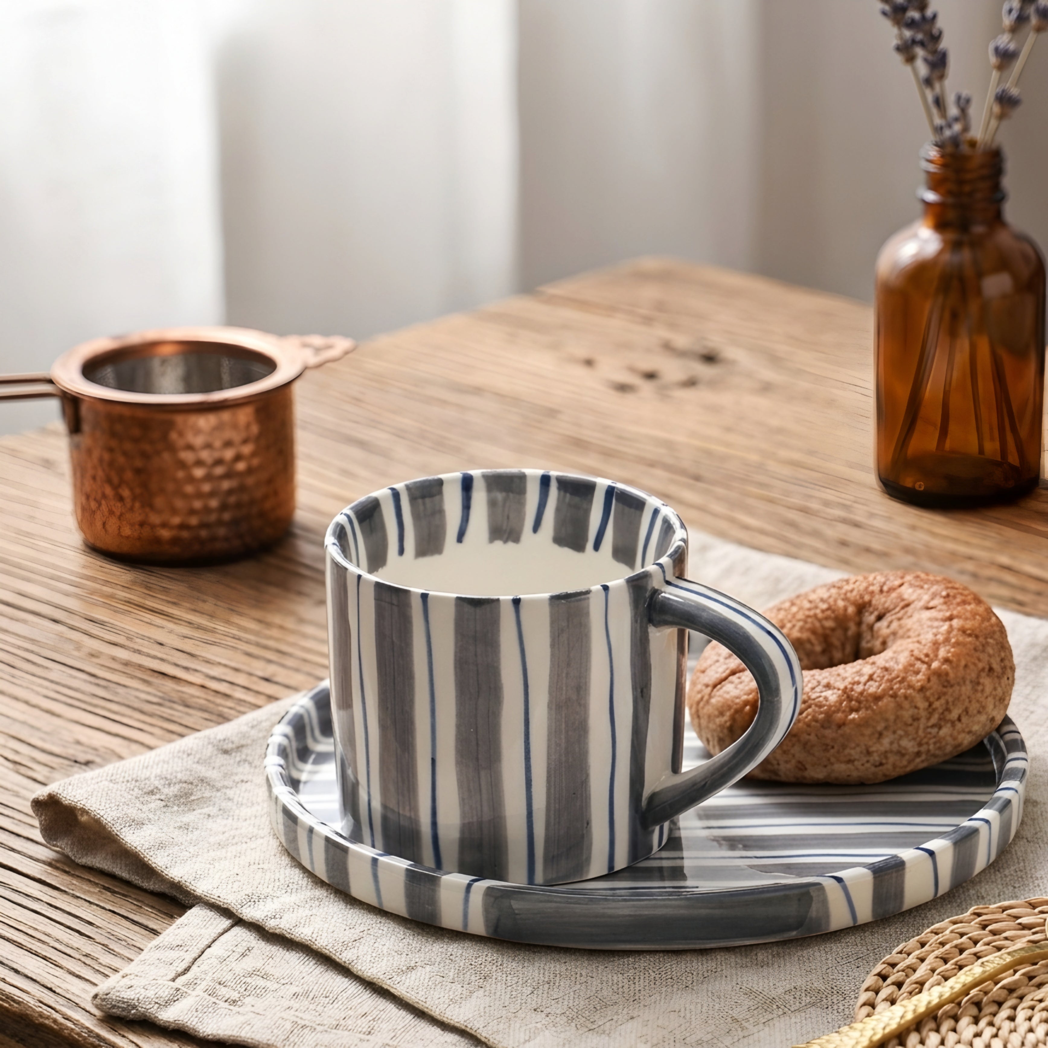 Stratum Stripe Dinnerware Set – Coffee Mug Plate Set Brown White Ceramic Tableware Decorating Coffee Table