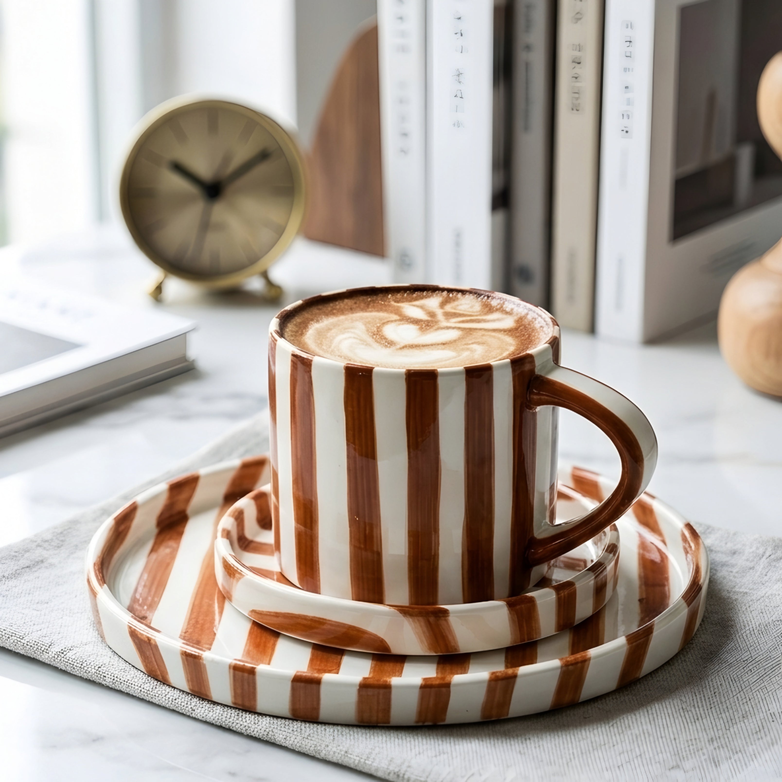 Stratum Stripe Dinnerware Set – Coffee Mug Plate Set Brown White Ceramic Tableware Decorating Coffee Table