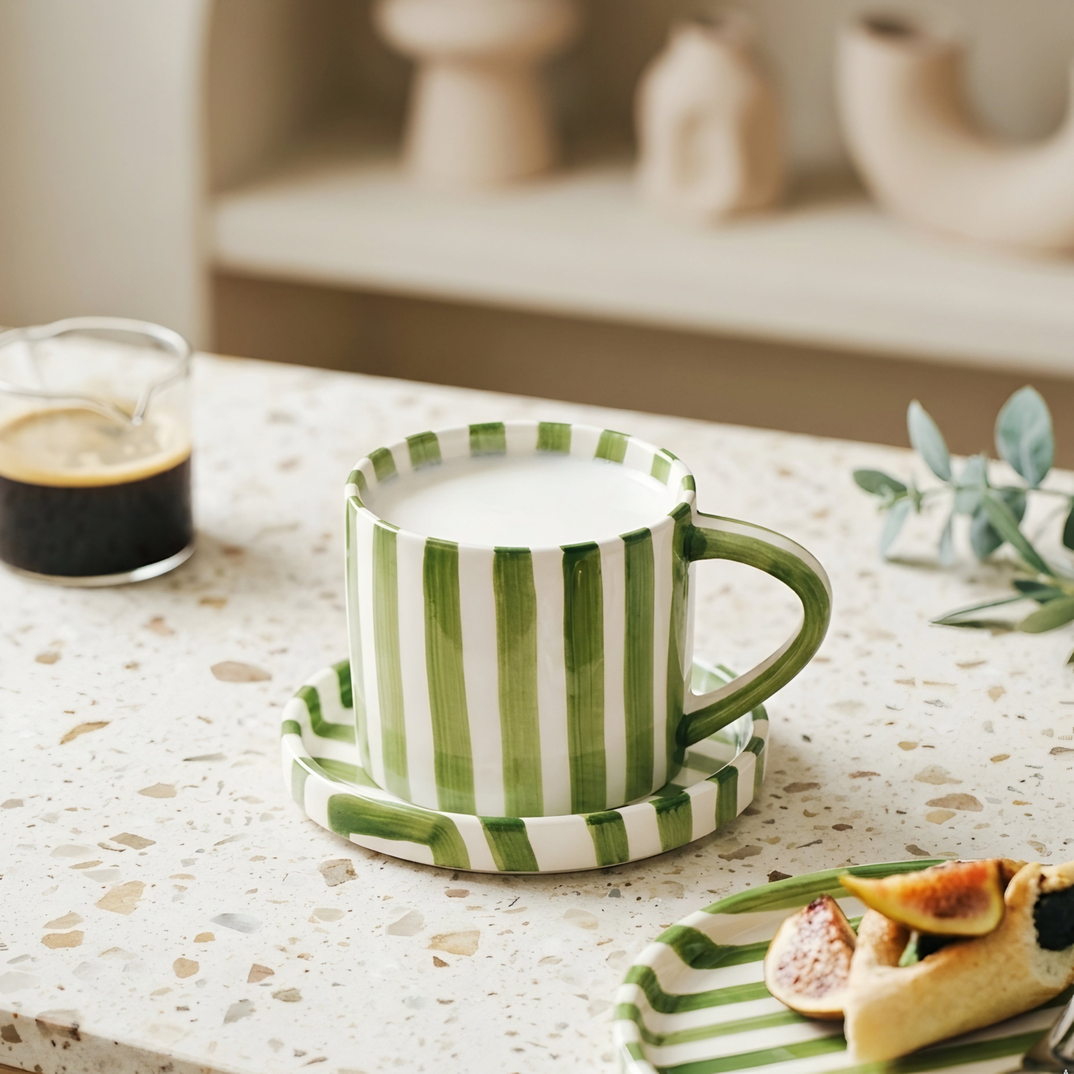 Stratum Stripe Dinnerware Set – Coffee Mug Plate Set Brown White Ceramic Tableware Decorating Coffee Table