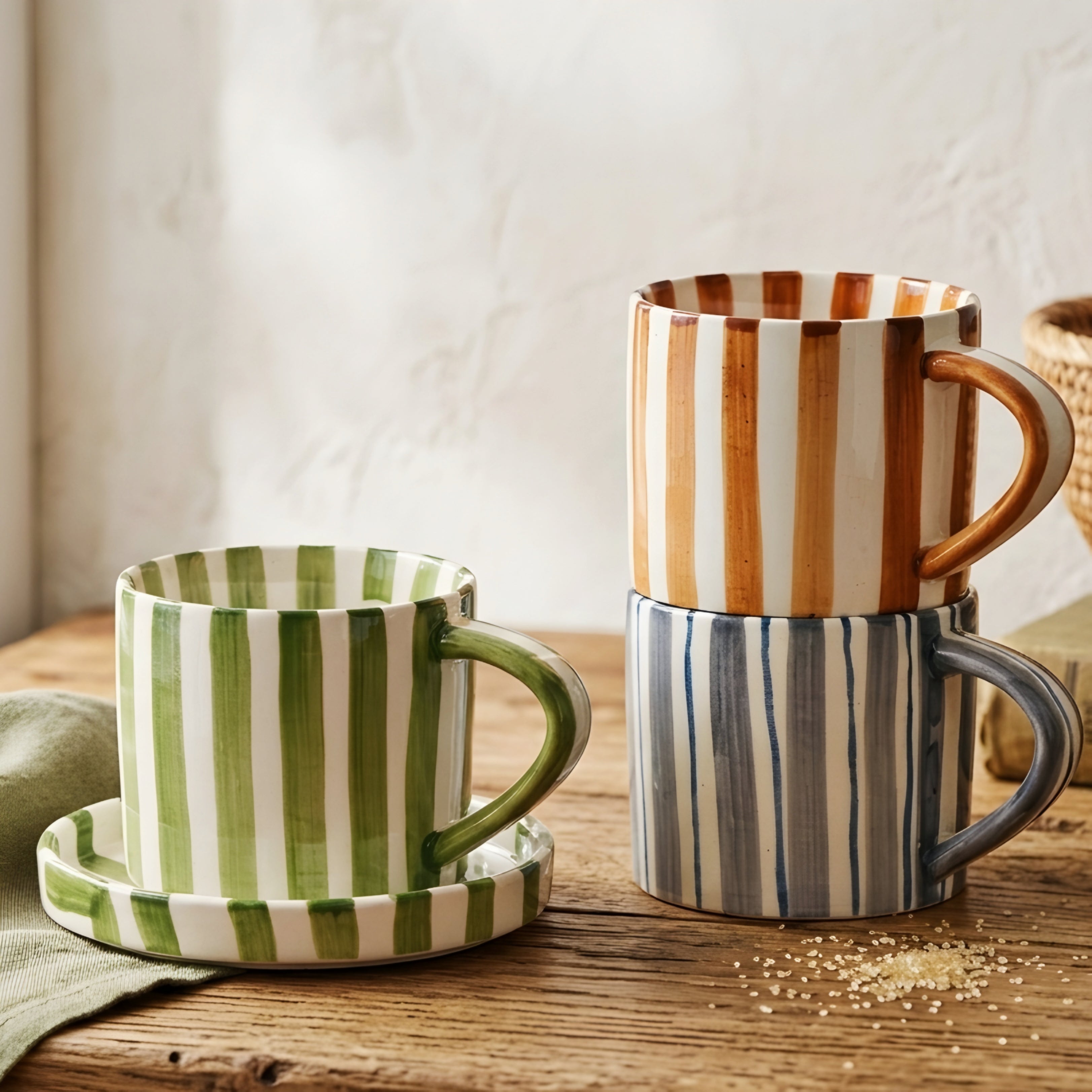 Stratum Stripe Dinnerware Set – Coffee Mug Plate Set Brown White Ceramic Tableware Decorating Coffee Table