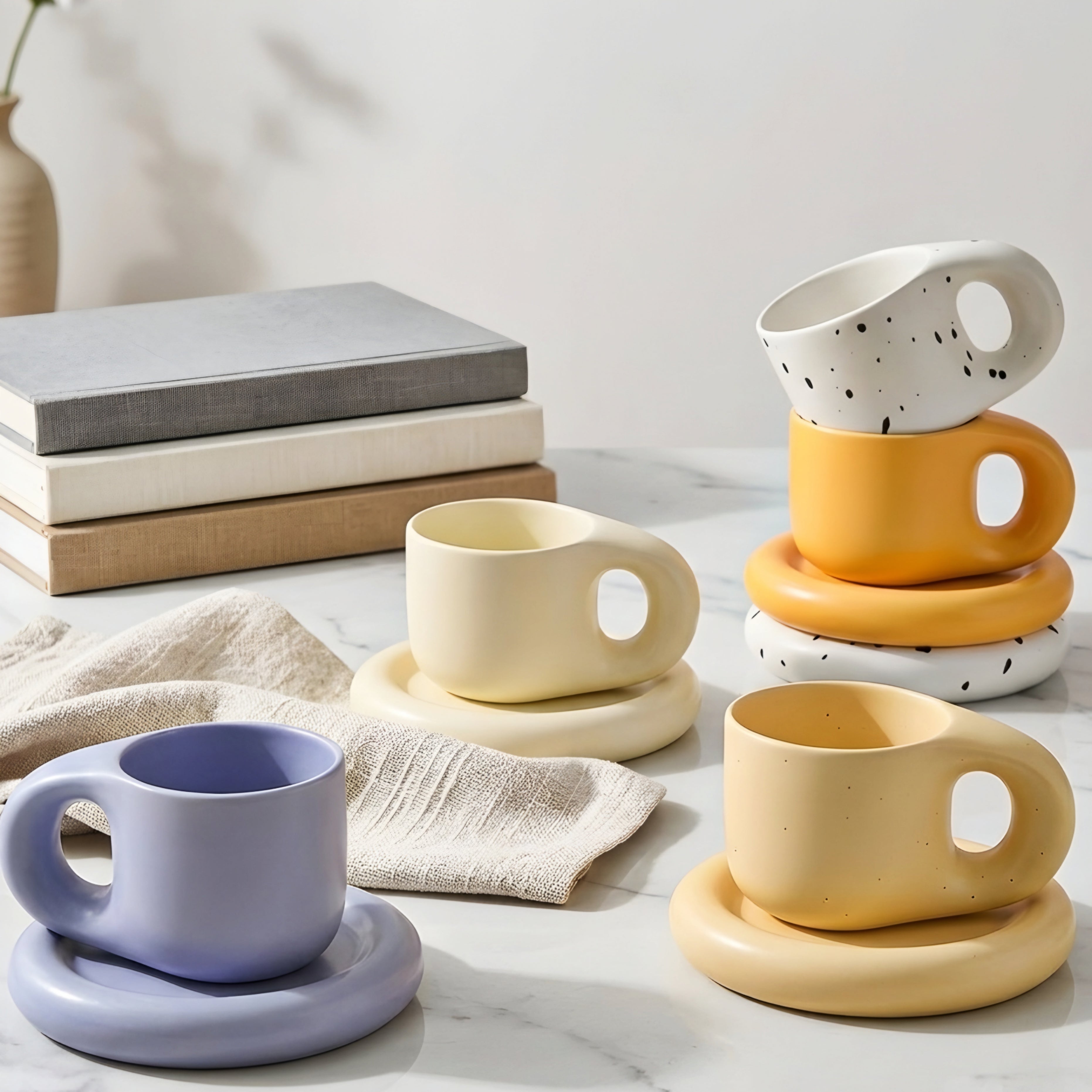 Olvara Ceramic Cup Saucer Set – Modern Coffee Mug Saucer Decorative Home Furnishing Kitchen Accent