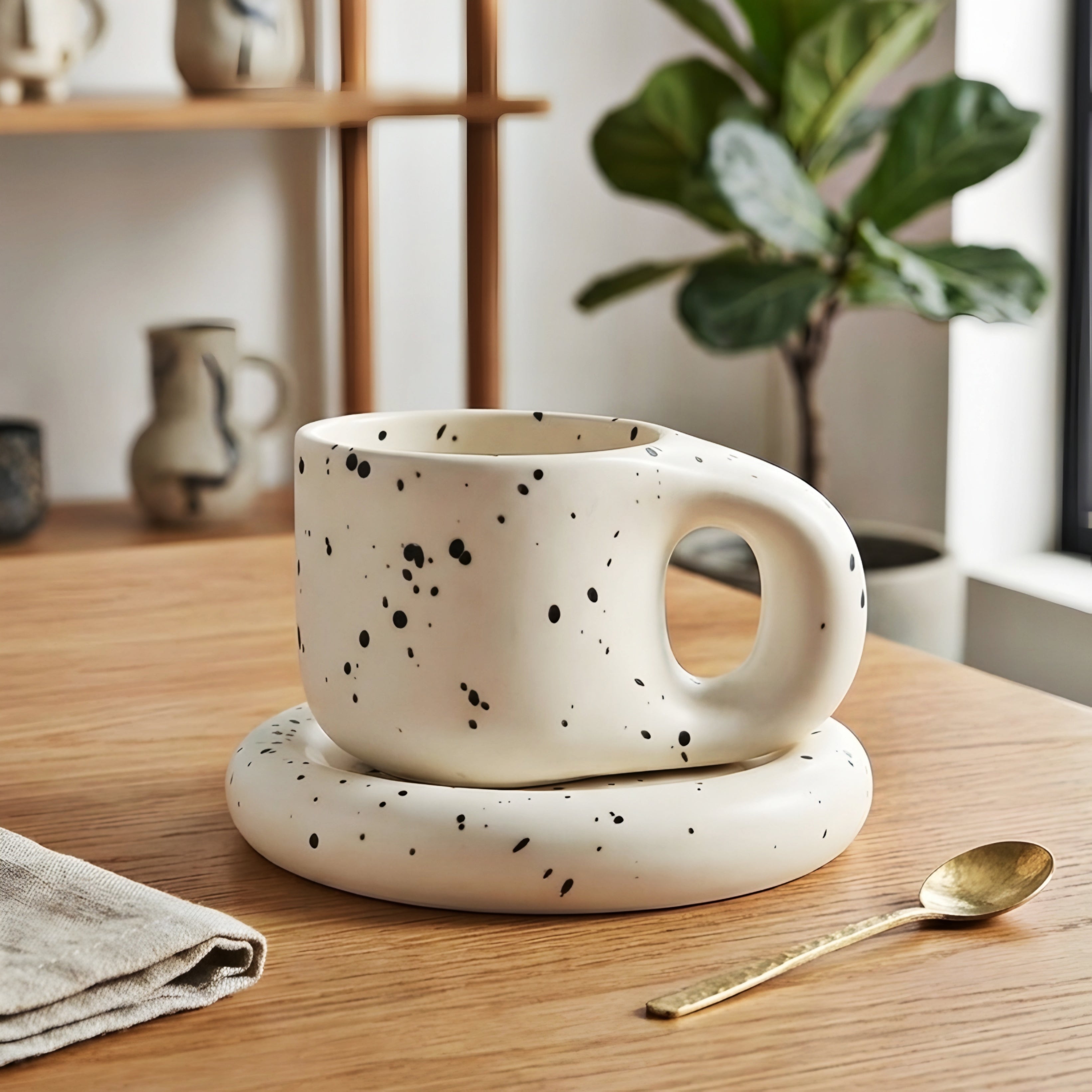 Olvara Ceramic Cup Saucer Set – Modern Coffee Mug Saucer Decorative Home Furnishing Kitchen Accent