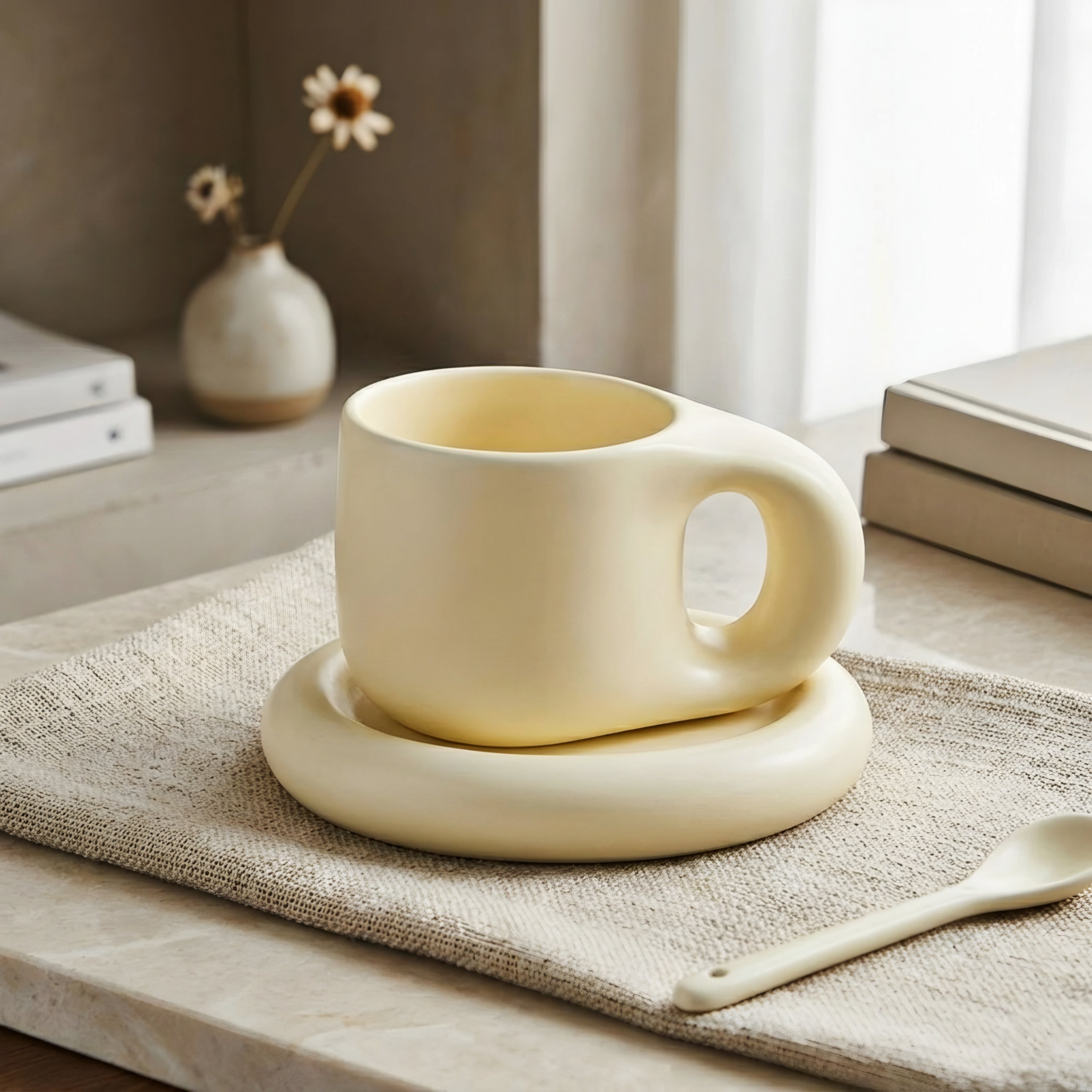 Olvara Ceramic Cup Saucer Set – Modern Coffee Mug Saucer Decorative Home Furnishing Kitchen Accent