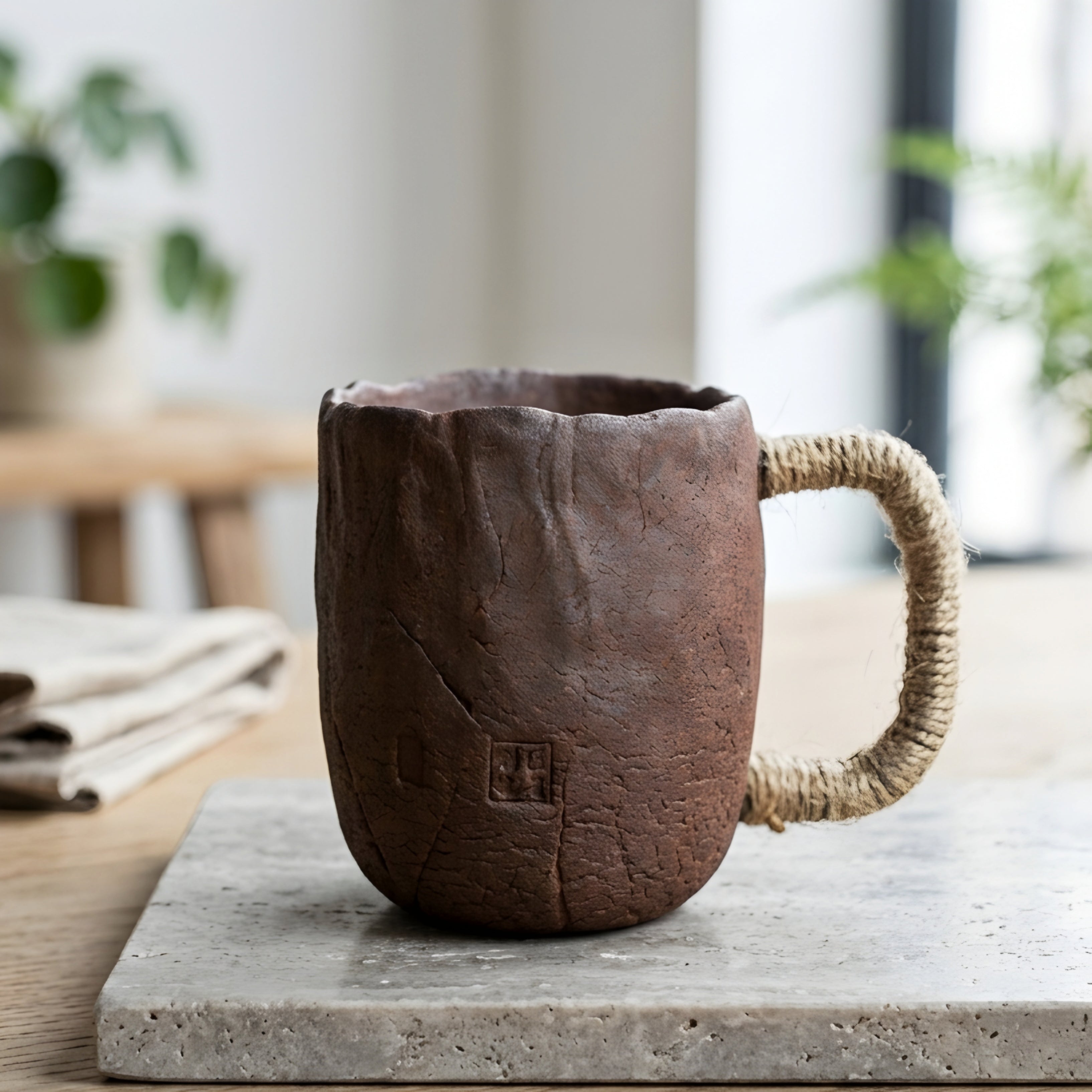 Terrum Rustic Mug Saucer Set – Handmade Ceramic Rope Handle Coffee Cup Mid Century Modern Home Furnishing